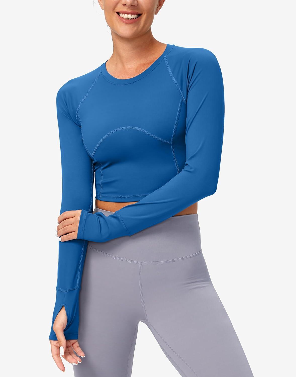 imageSANTINY Womens Long Sleeve Crop Workout Tops Slim Fit Gym Yoga Running Shirts for WomenBlue