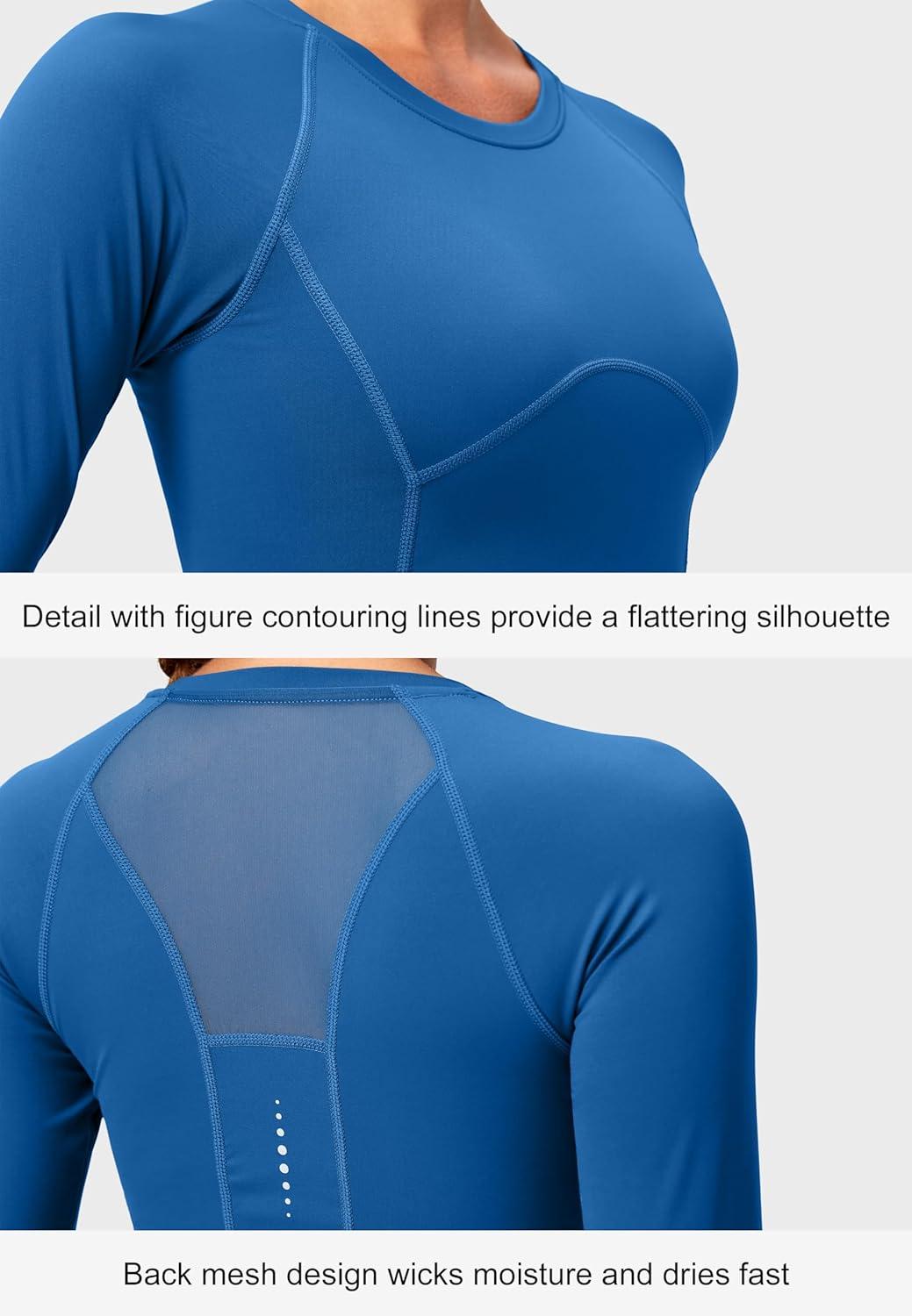 imageSANTINY Womens Long Sleeve Crop Workout Tops Slim Fit Gym Yoga Running Shirts for WomenBlue