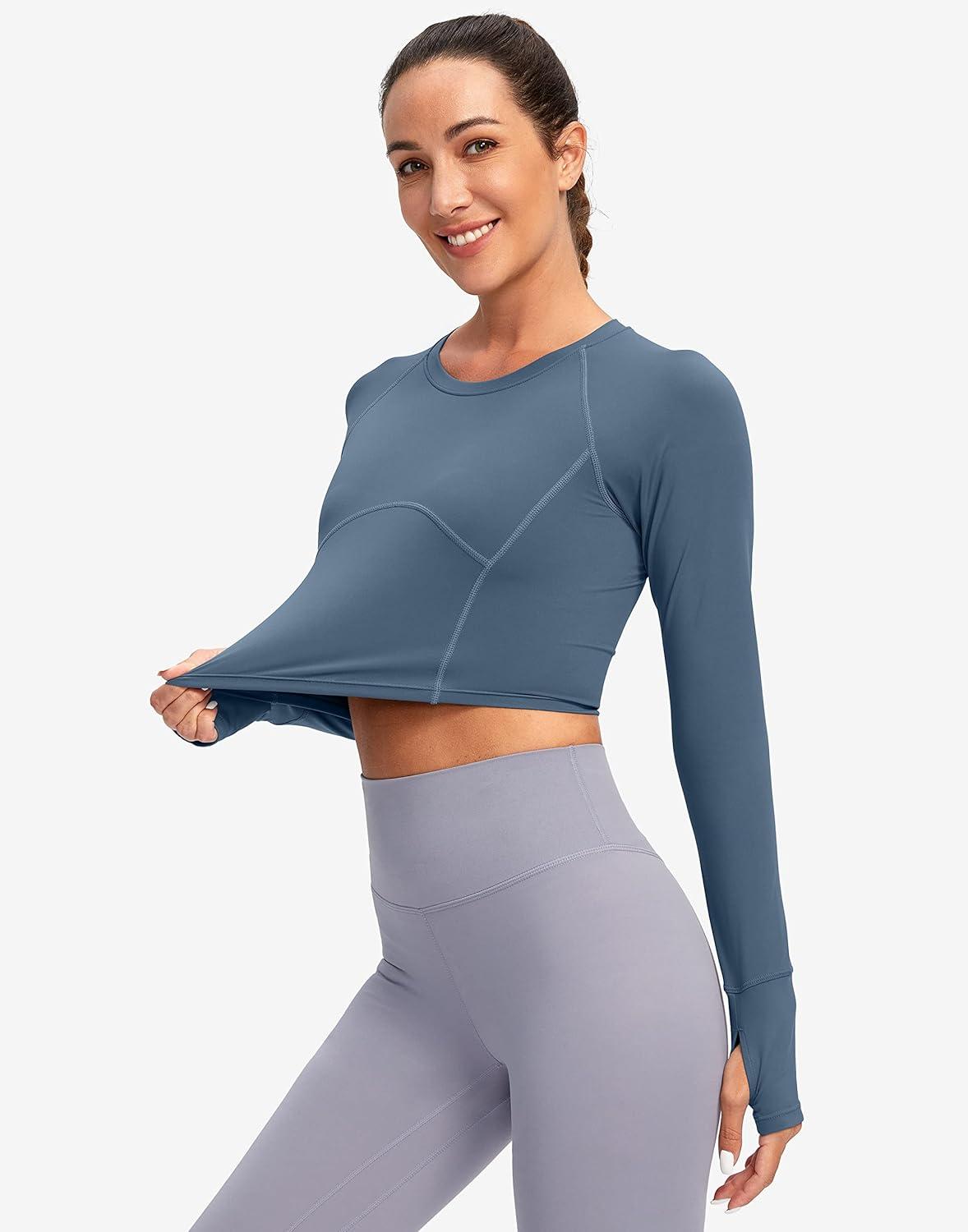 imageSANTINY Womens Long Sleeve Crop Workout Tops Slim Fit Gym Yoga Running Shirts for WomenDusty Blue