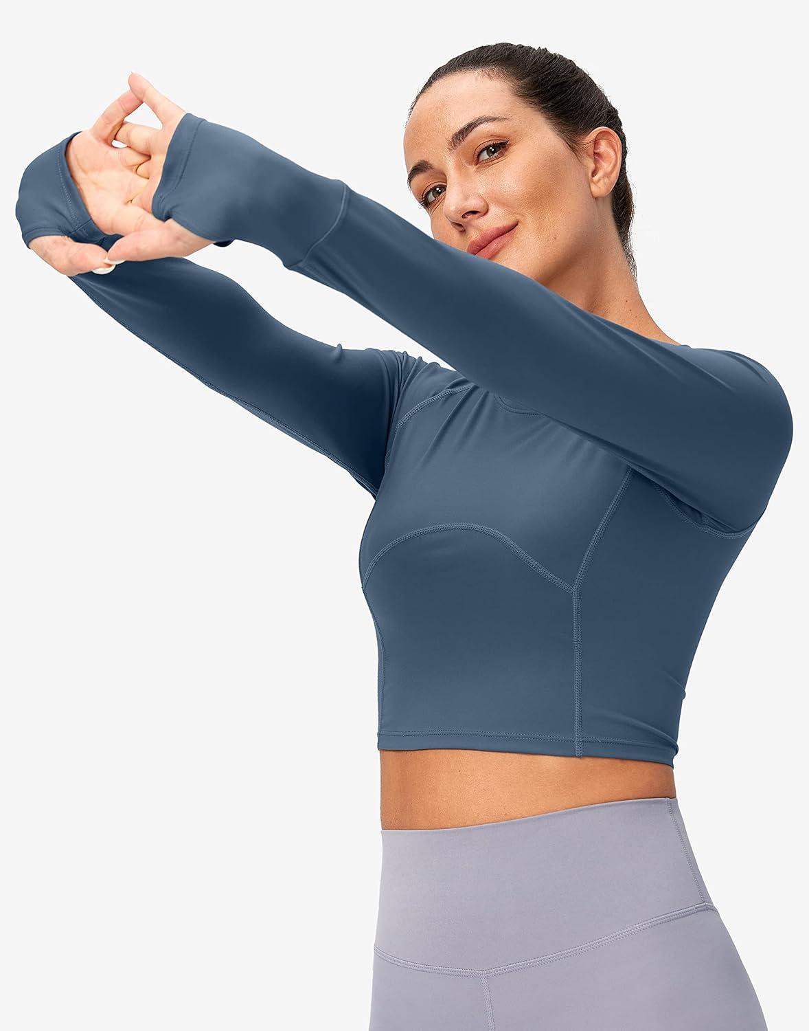 imageSANTINY Womens Long Sleeve Crop Workout Tops Slim Fit Gym Yoga Running Shirts for WomenDusty Blue