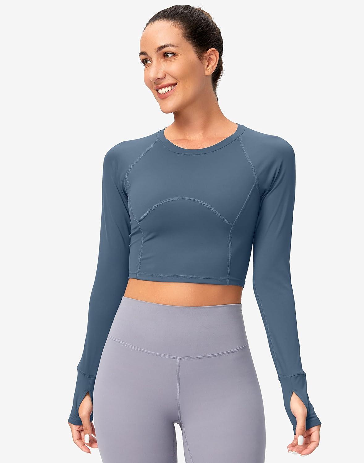 imageSANTINY Womens Long Sleeve Crop Workout Tops Slim Fit Gym Yoga Running Shirts for WomenDusty Blue