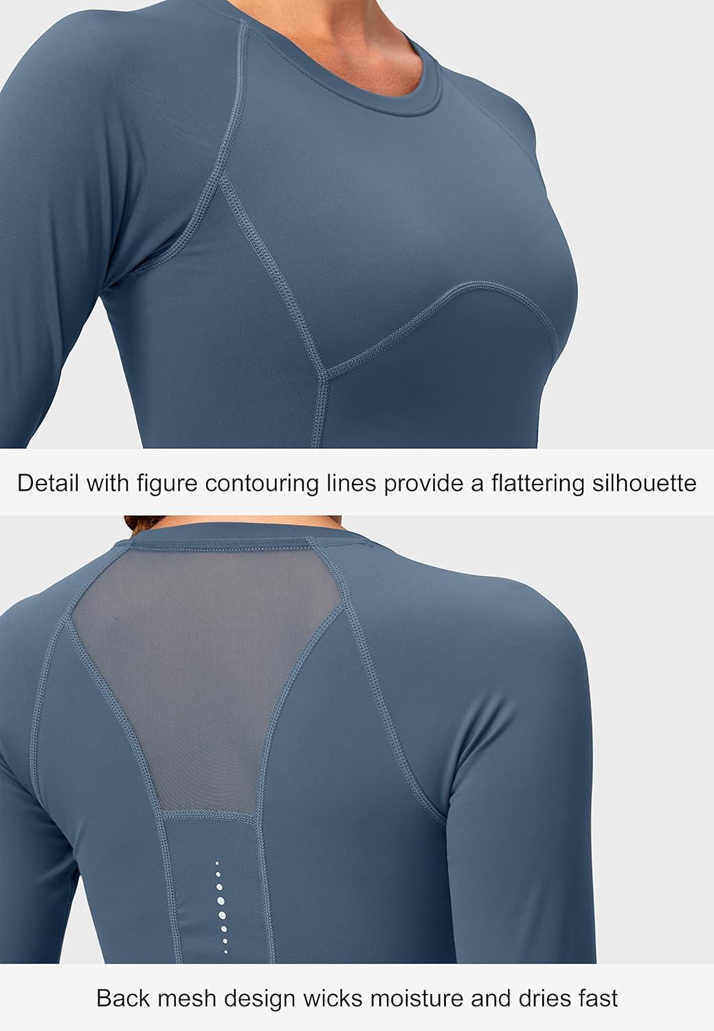 imageSANTINY Womens Long Sleeve Crop Workout Tops Slim Fit Gym Yoga Running Shirts for WomenDusty Blue