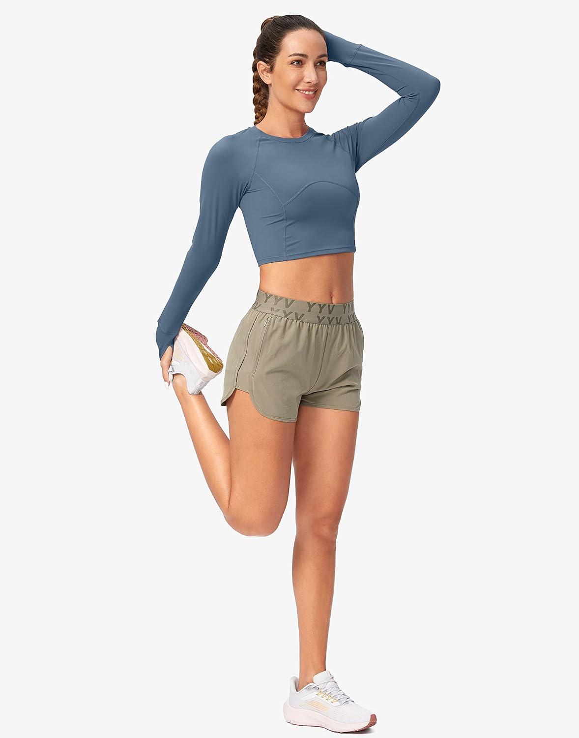 imageSANTINY Womens Long Sleeve Crop Workout Tops Slim Fit Gym Yoga Running Shirts for WomenDusty Blue