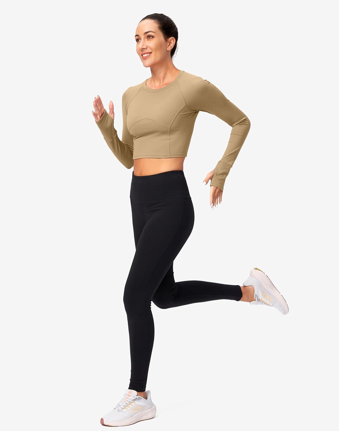 imageSANTINY Womens Long Sleeve Crop Workout Tops Slim Fit Gym Yoga Running Shirts for WomenKhaki