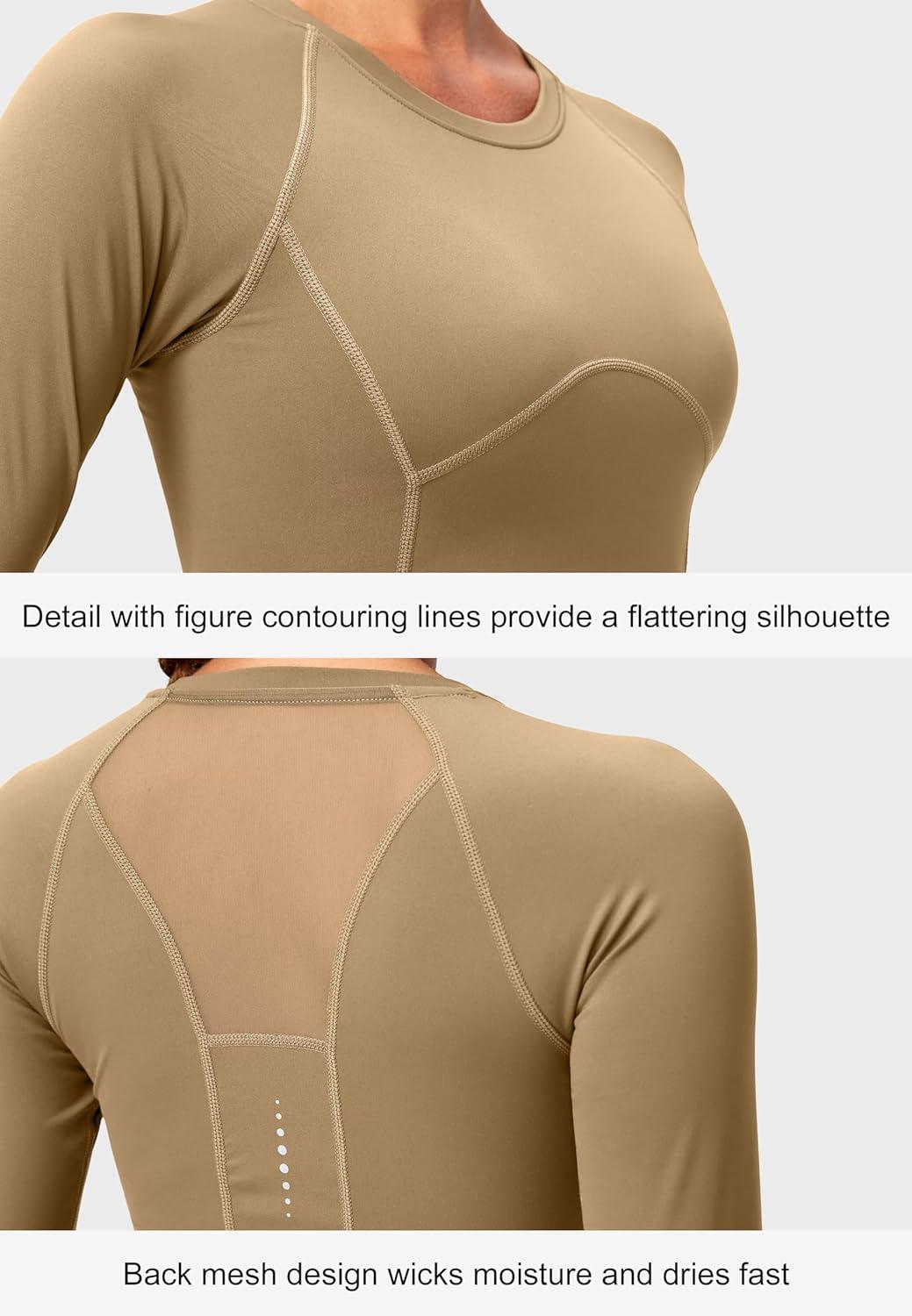 imageSANTINY Womens Long Sleeve Crop Workout Tops Slim Fit Gym Yoga Running Shirts for WomenKhaki