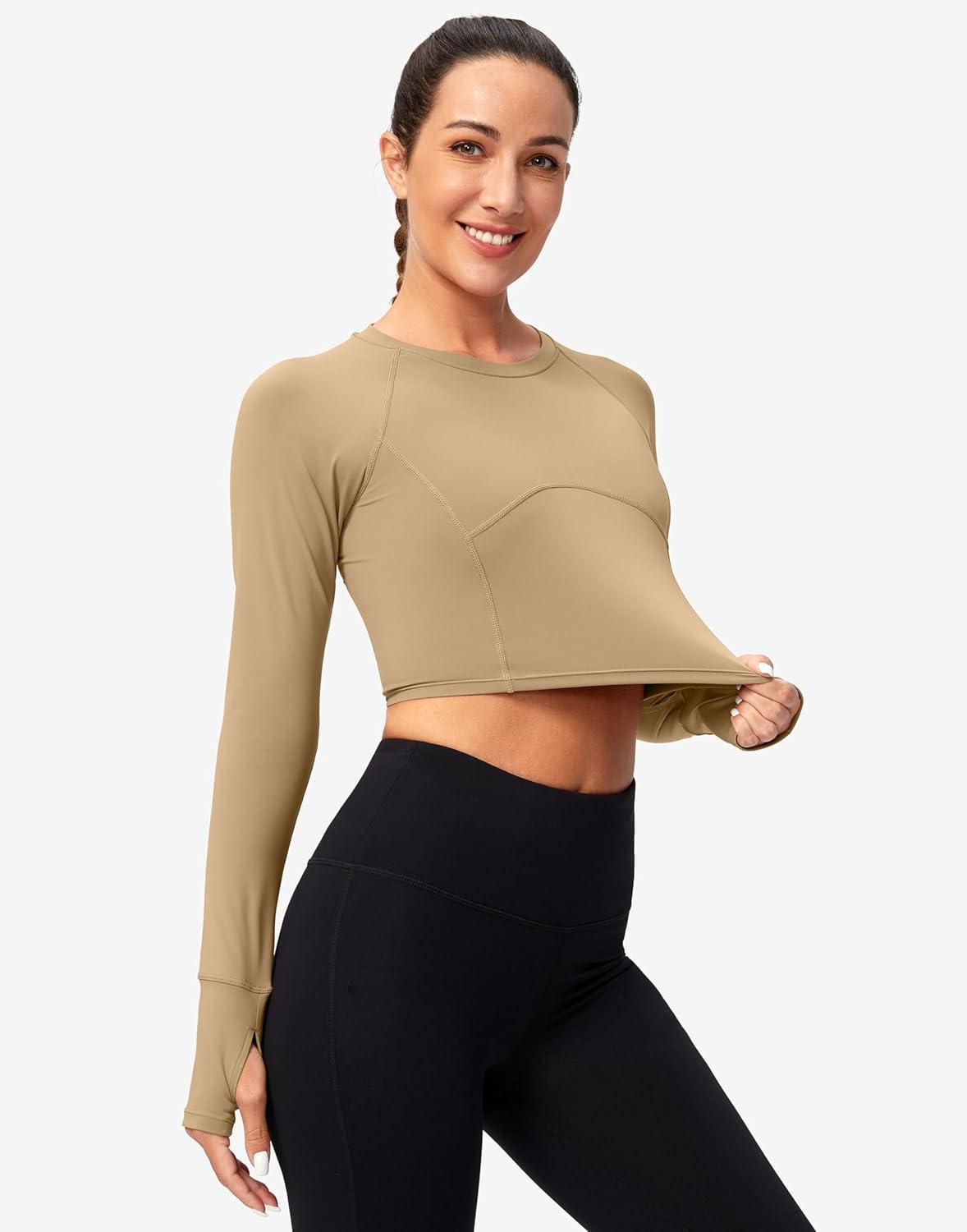 imageSANTINY Womens Long Sleeve Crop Workout Tops Slim Fit Gym Yoga Running Shirts for WomenKhaki