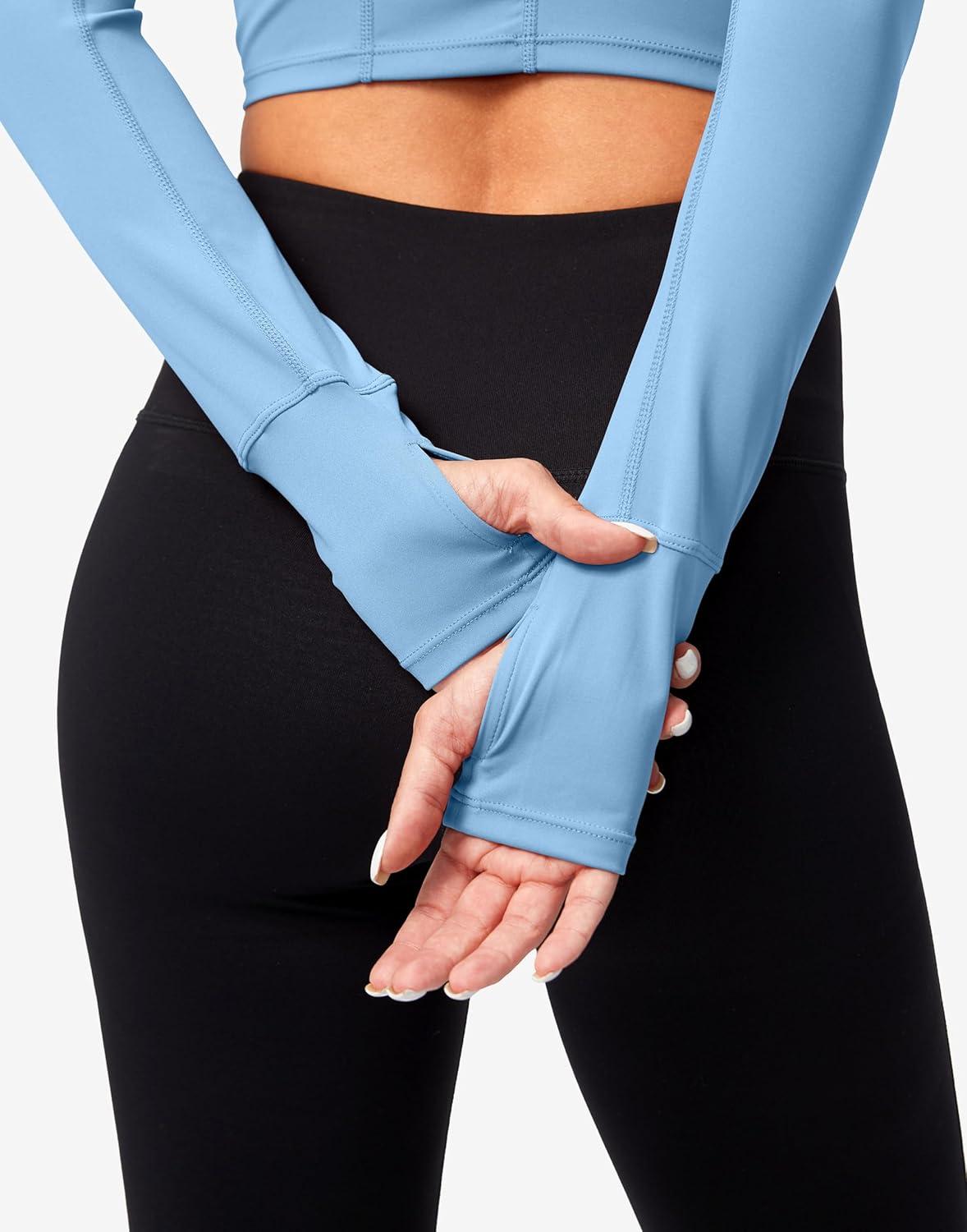 imageSANTINY Womens Long Sleeve Crop Workout Tops Slim Fit Gym Yoga Running Shirts for WomenLight Blue