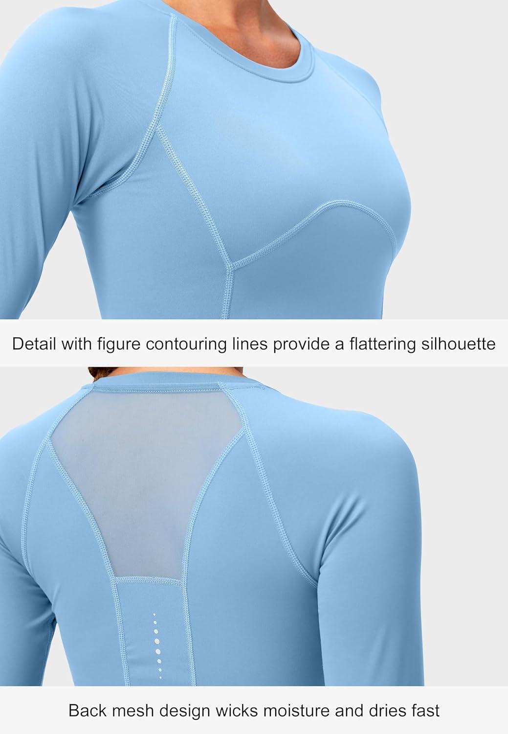 imageSANTINY Womens Long Sleeve Crop Workout Tops Slim Fit Gym Yoga Running Shirts for WomenLight Blue