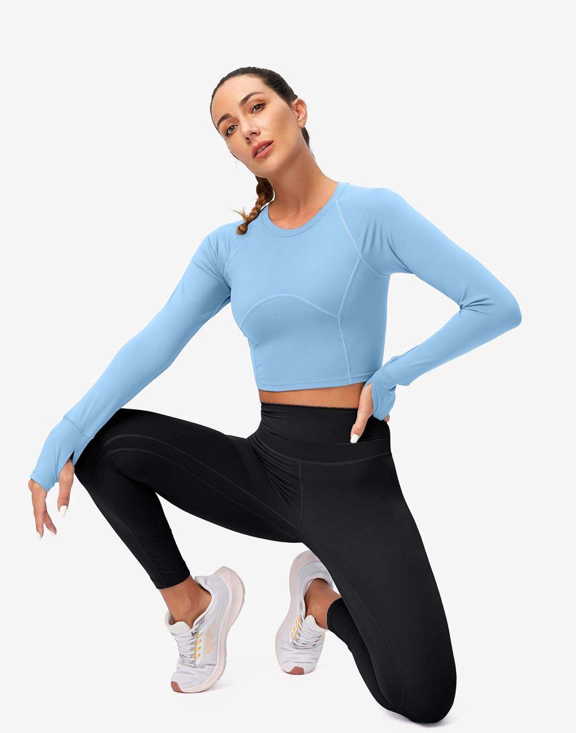 imageSANTINY Womens Long Sleeve Crop Workout Tops Slim Fit Gym Yoga Running Shirts for WomenLight Blue