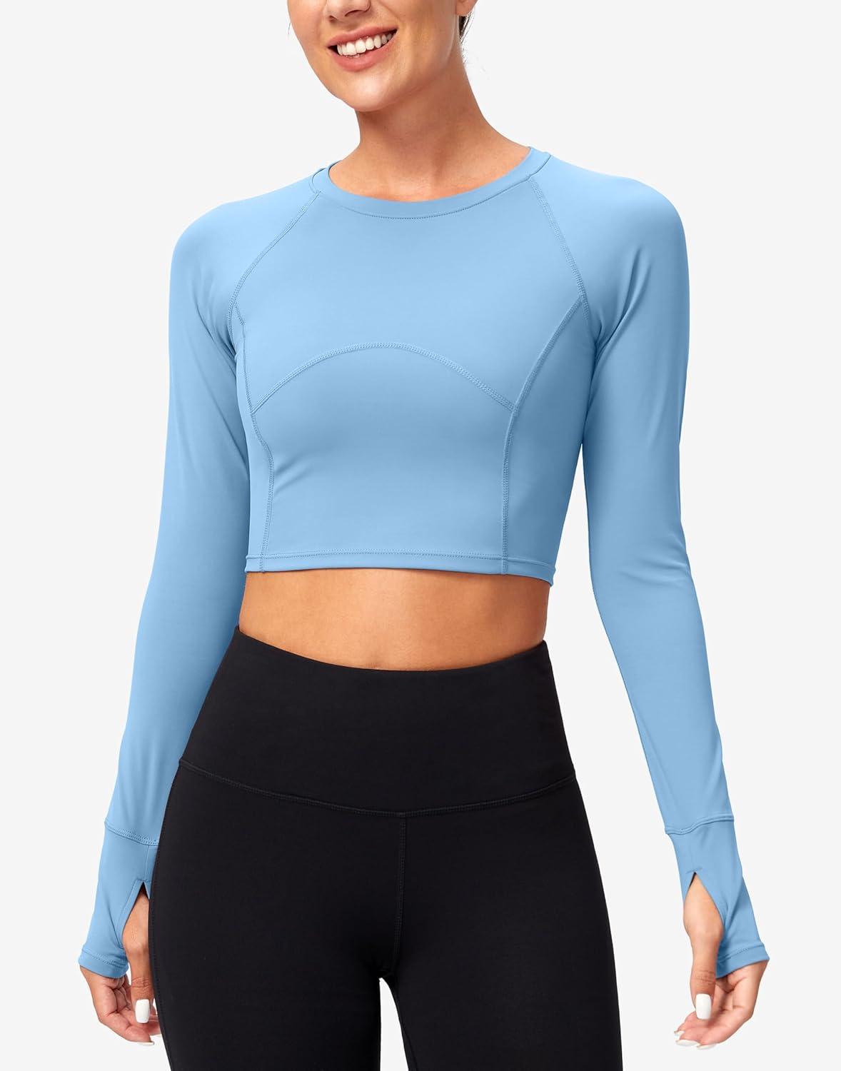 imageSANTINY Womens Long Sleeve Crop Workout Tops Slim Fit Gym Yoga Running Shirts for WomenLight Blue