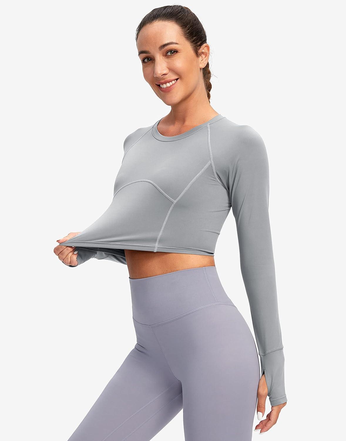 imageSANTINY Womens Long Sleeve Crop Workout Tops Slim Fit Gym Yoga Running Shirts for WomenLight Grey