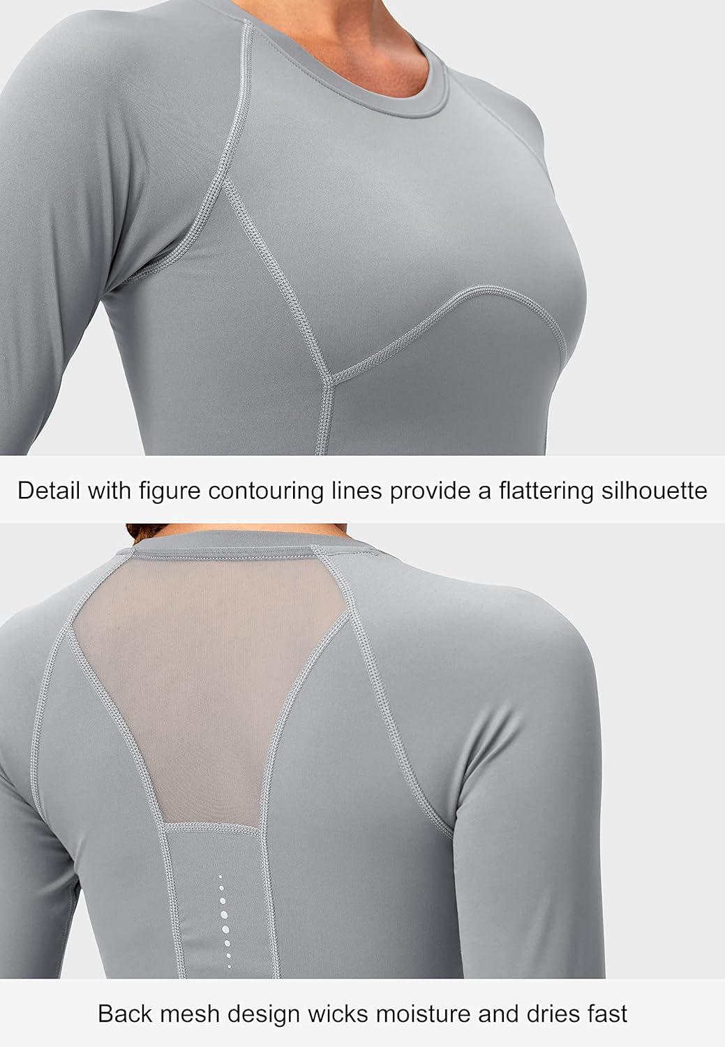 imageSANTINY Womens Long Sleeve Crop Workout Tops Slim Fit Gym Yoga Running Shirts for WomenLight Grey