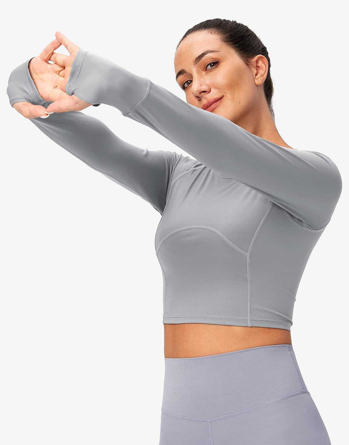 imageSANTINY Womens Long Sleeve Crop Workout Tops Slim Fit Gym Yoga Running Shirts for WomenLight Grey
