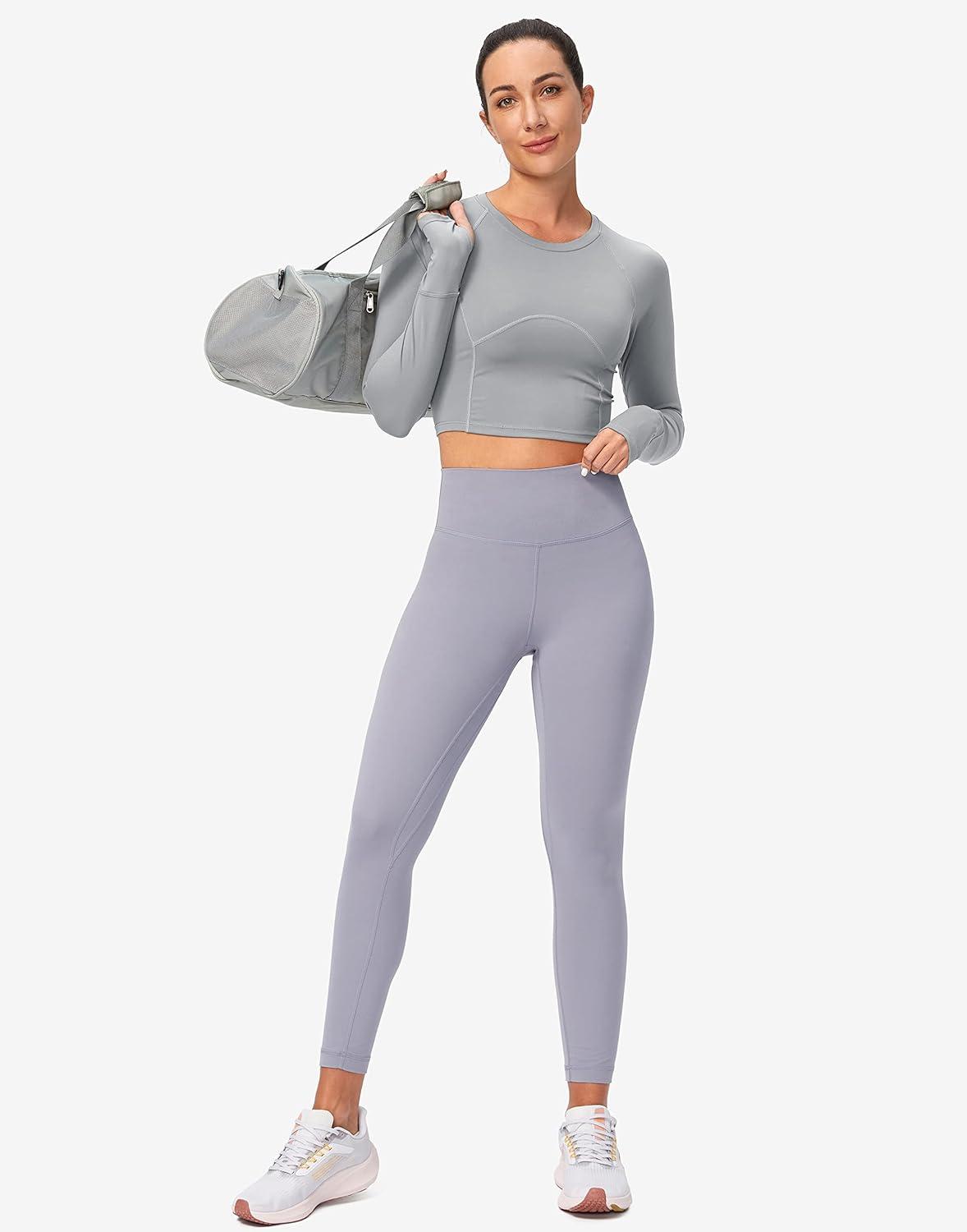 imageSANTINY Womens Long Sleeve Crop Workout Tops Slim Fit Gym Yoga Running Shirts for WomenLight Grey