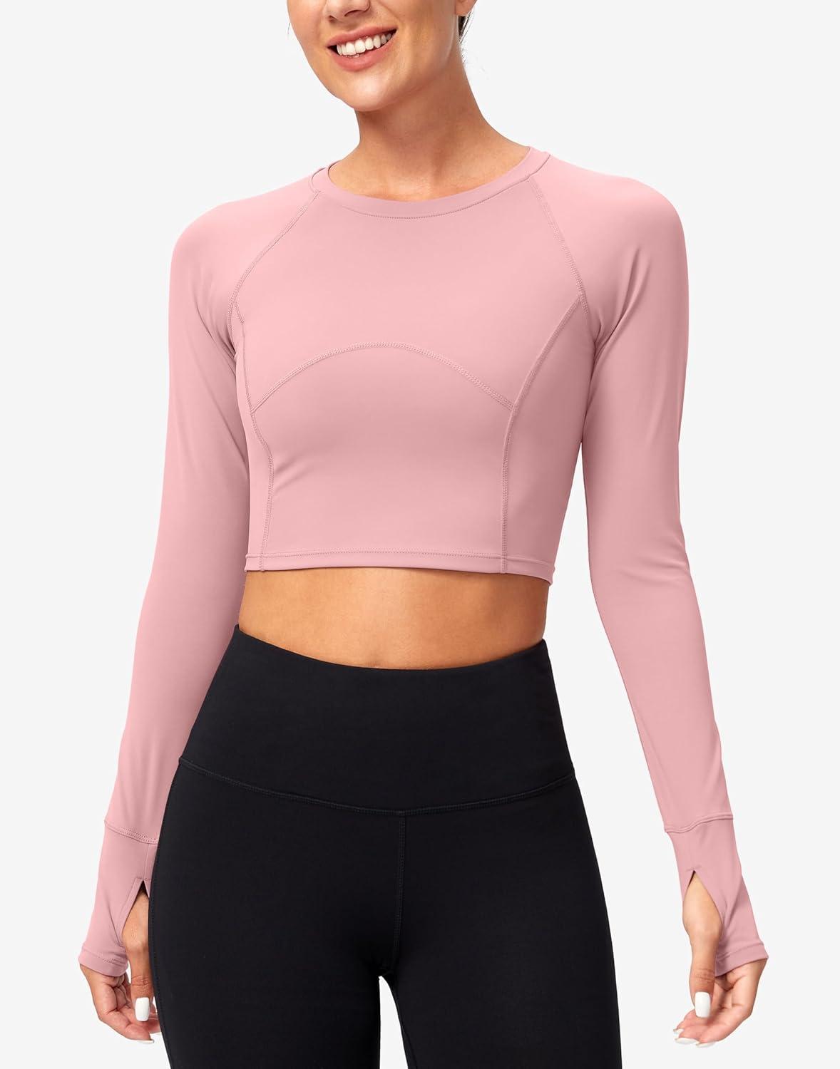 imageSANTINY Womens Long Sleeve Crop Workout Tops Slim Fit Gym Yoga Running Shirts for WomenLight Pink