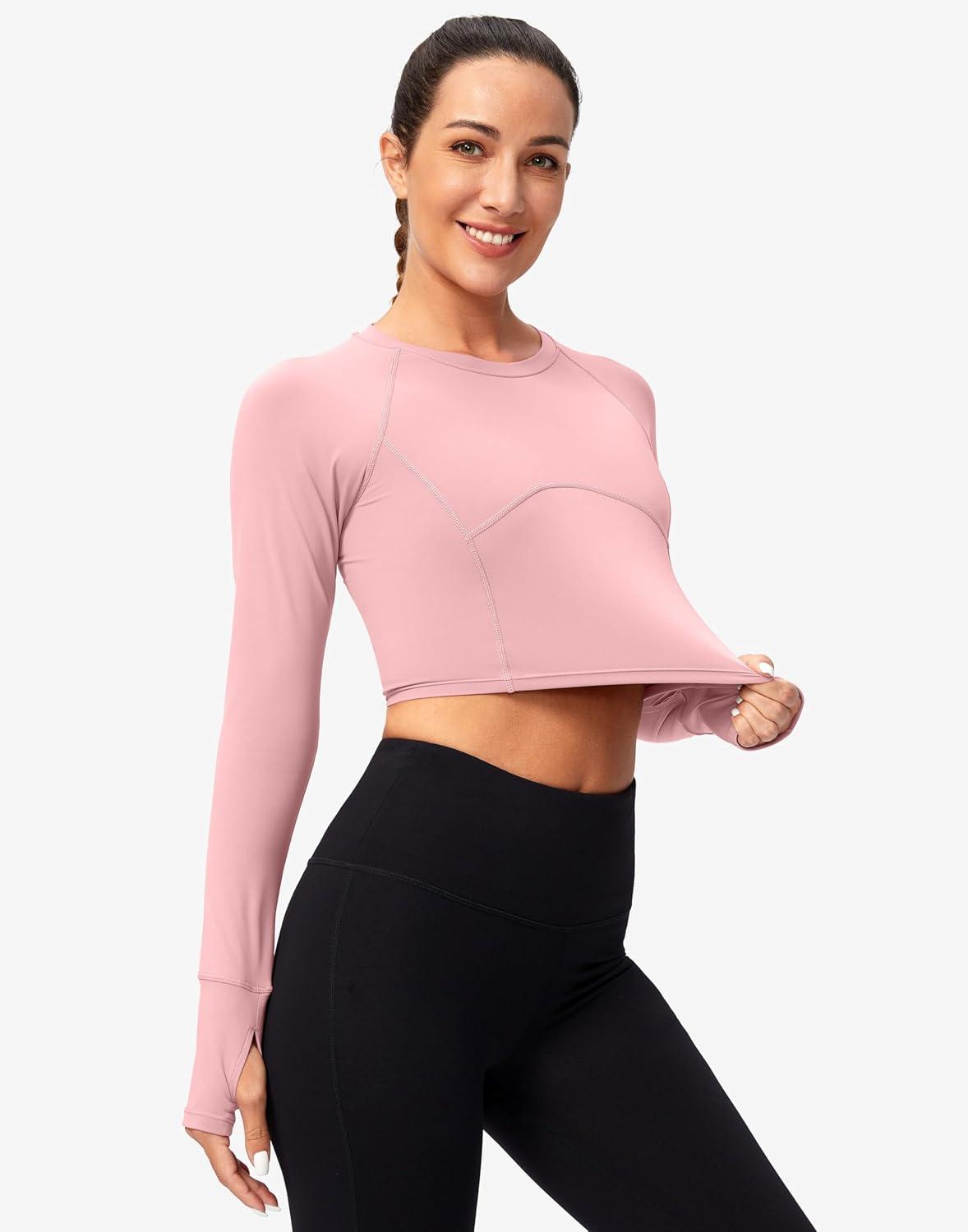 imageSANTINY Womens Long Sleeve Crop Workout Tops Slim Fit Gym Yoga Running Shirts for WomenLight Pink