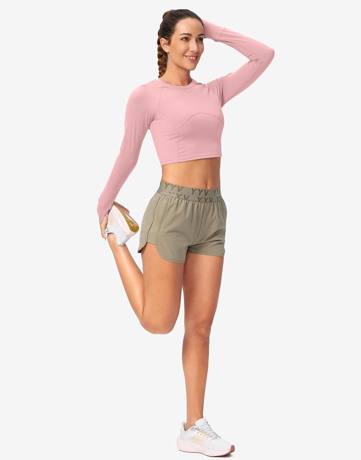 imageSANTINY Womens Long Sleeve Crop Workout Tops Slim Fit Gym Yoga Running Shirts for WomenLight Pink