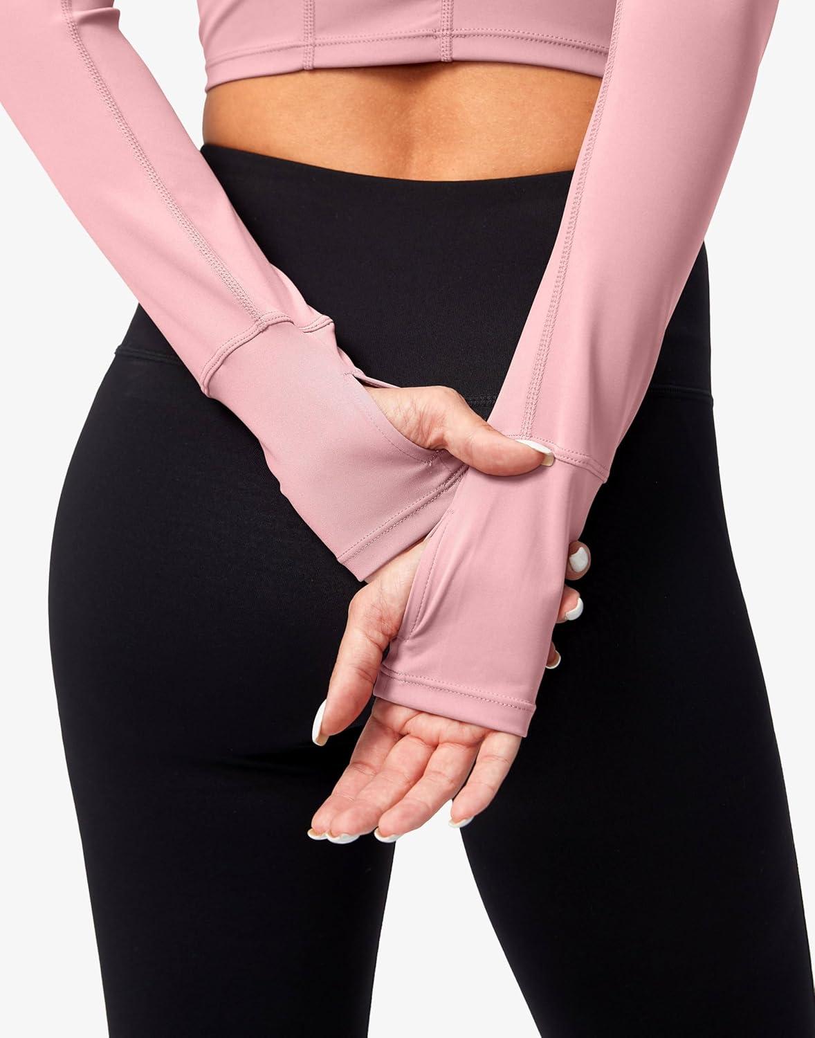 imageSANTINY Womens Long Sleeve Crop Workout Tops Slim Fit Gym Yoga Running Shirts for WomenLight Pink