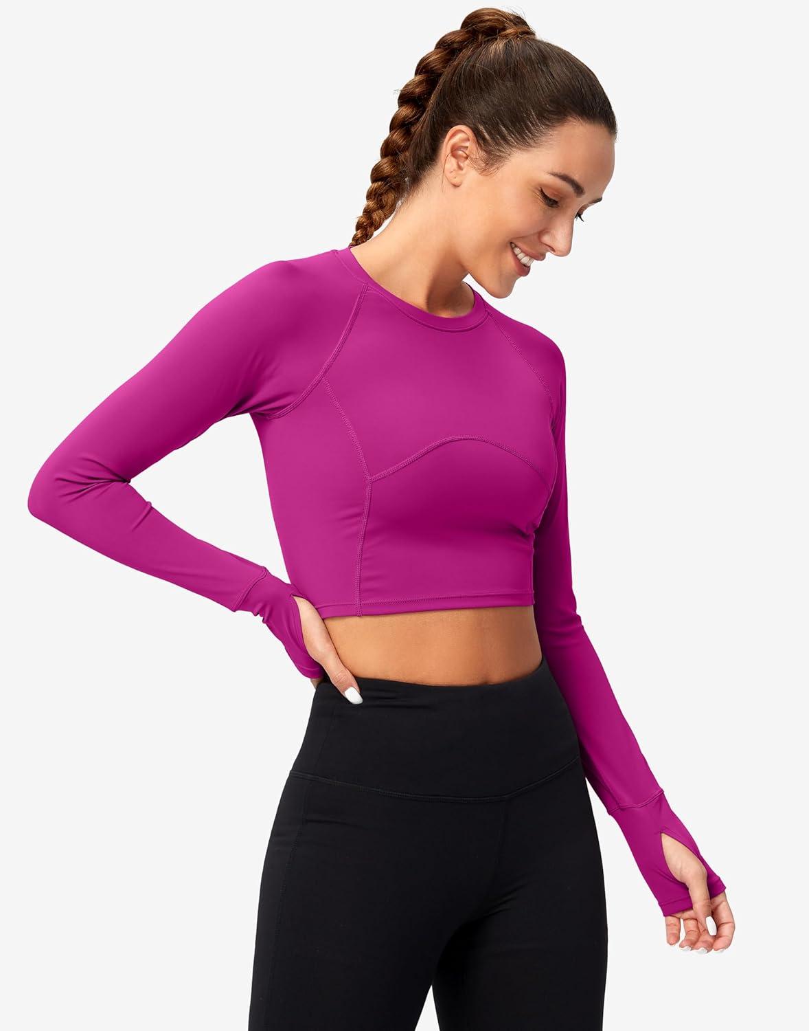 imageSANTINY Womens Long Sleeve Crop Workout Tops Slim Fit Gym Yoga Running Shirts for WomenRose