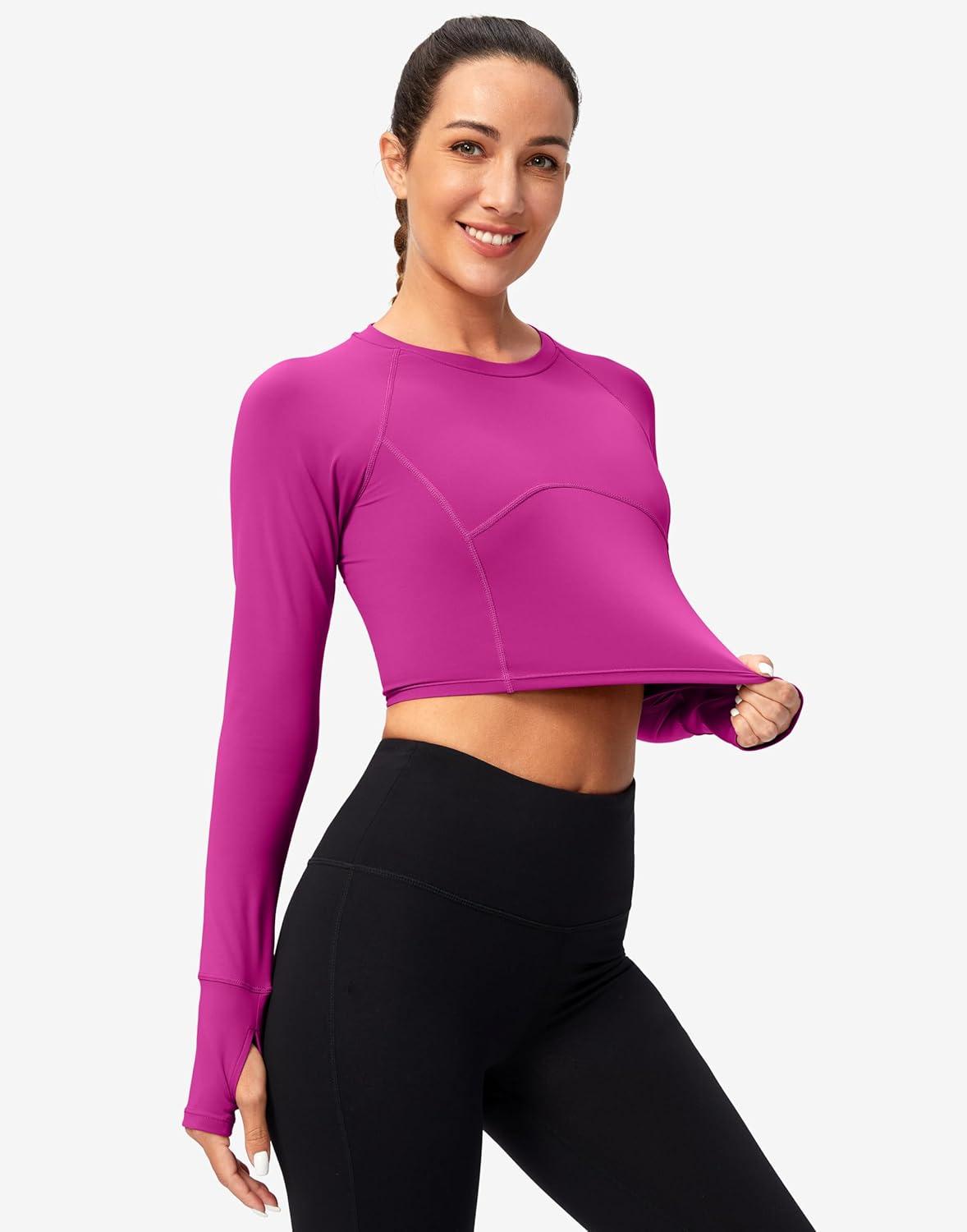 imageSANTINY Womens Long Sleeve Crop Workout Tops Slim Fit Gym Yoga Running Shirts for WomenRose