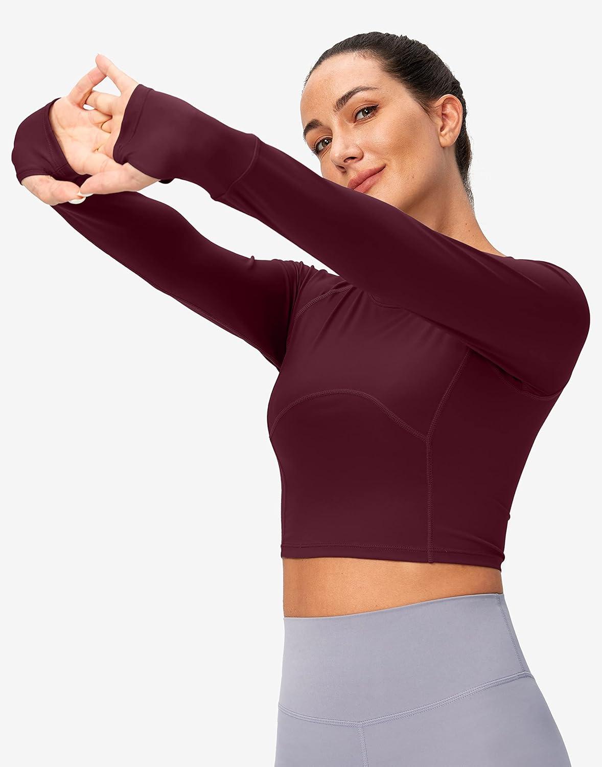 imageSANTINY Womens Long Sleeve Crop Workout Tops Slim Fit Gym Yoga Running Shirts for WomenWine