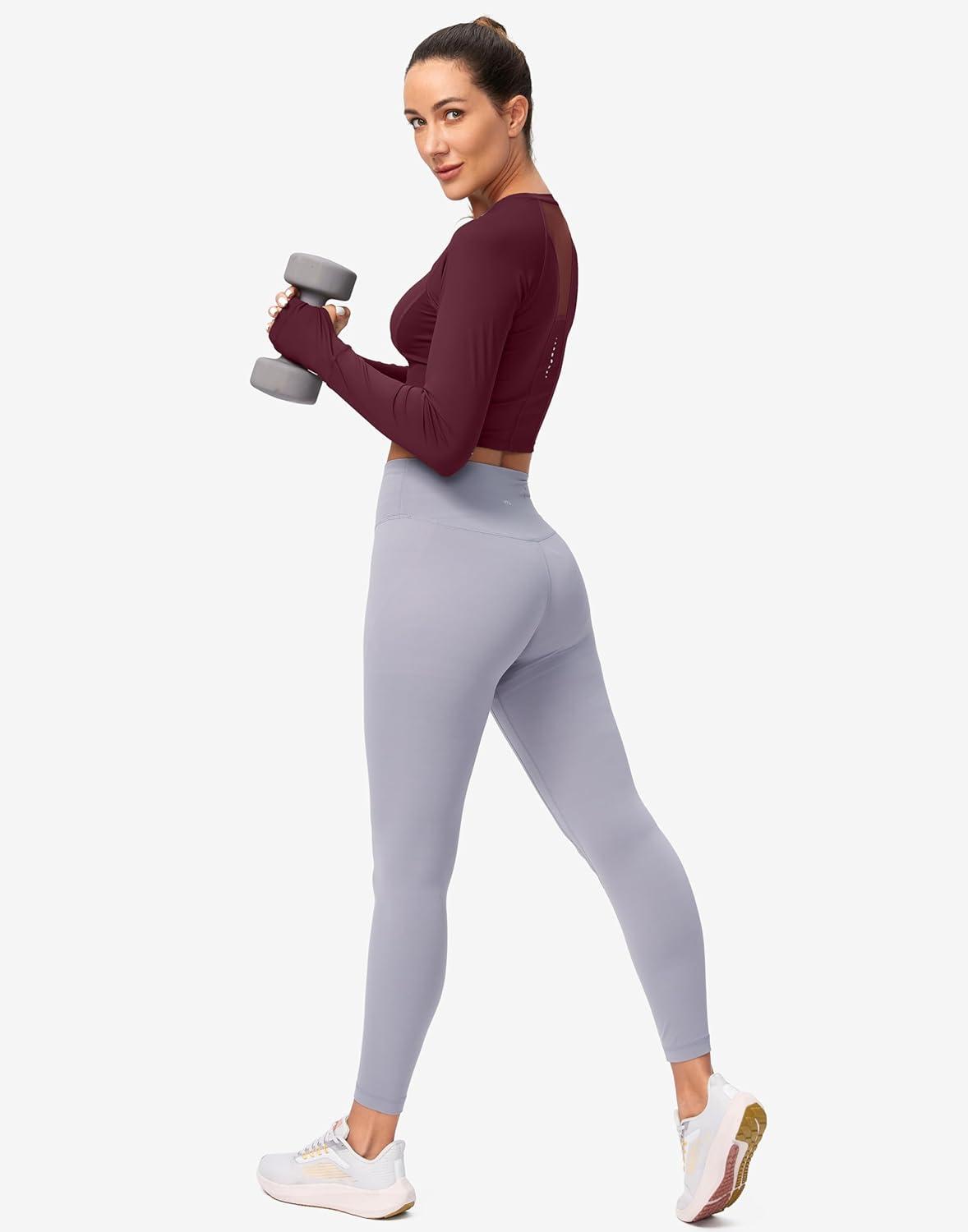 imageSANTINY Womens Long Sleeve Crop Workout Tops Slim Fit Gym Yoga Running Shirts for WomenWine