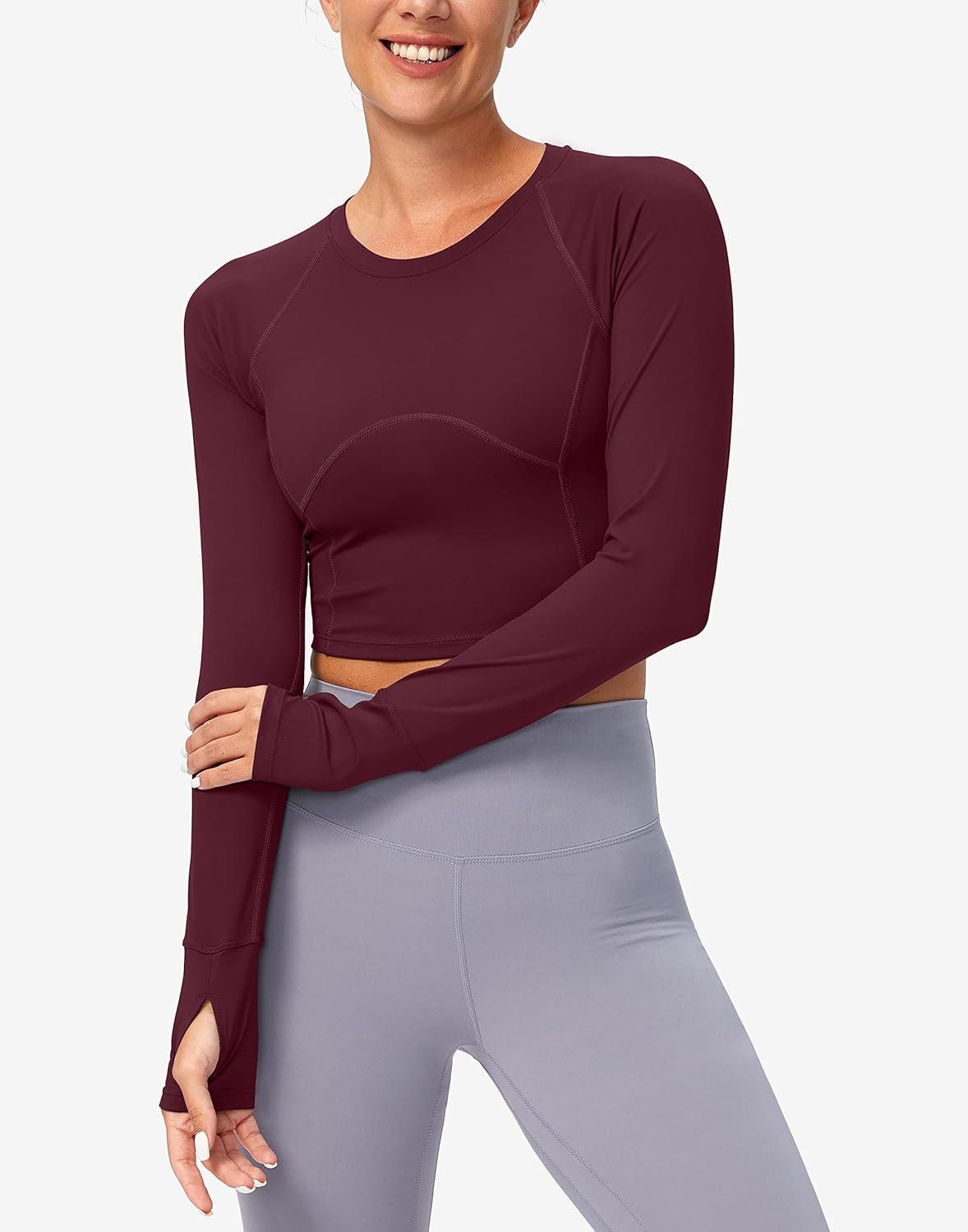 imageSANTINY Womens Long Sleeve Crop Workout Tops Slim Fit Gym Yoga Running Shirts for WomenWine