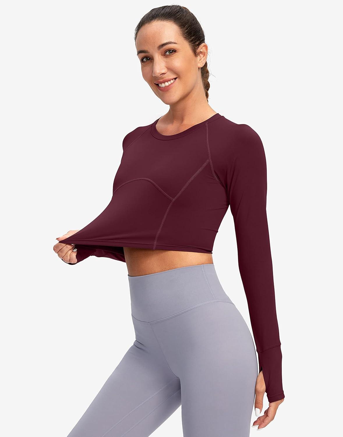 imageSANTINY Womens Long Sleeve Crop Workout Tops Slim Fit Gym Yoga Running Shirts for WomenWine