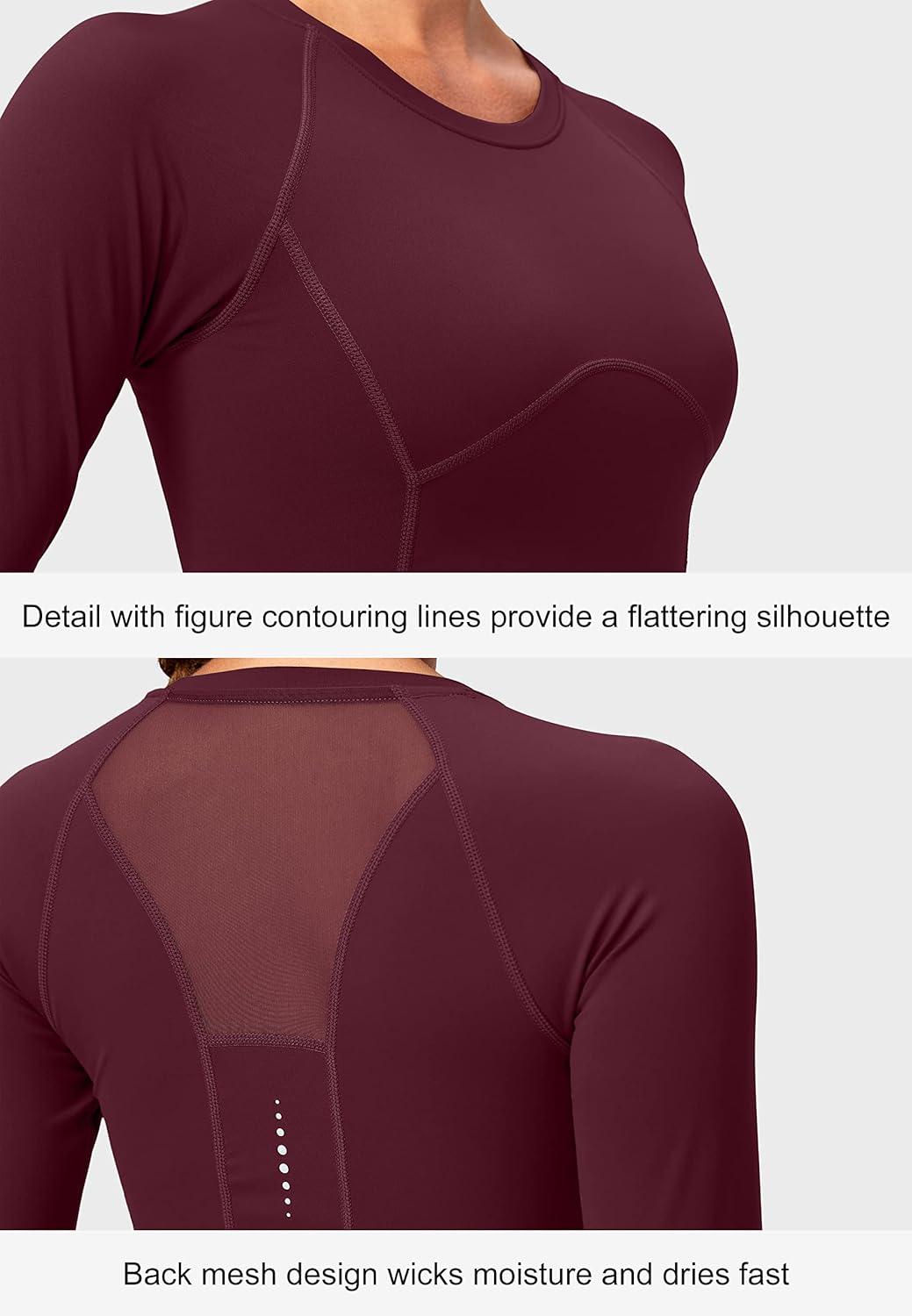 imageSANTINY Womens Long Sleeve Crop Workout Tops Slim Fit Gym Yoga Running Shirts for WomenWine