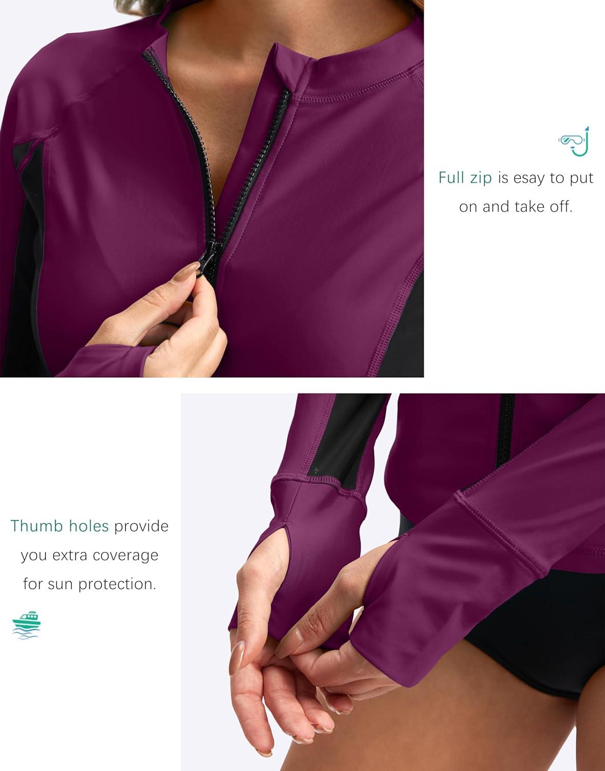 imageSANTINY Womens Rash Guard Zipper Pockets UPF50 Sun Protection Long Sleeve Swimsuit Top Zip Front Swim Shirt for WomenFuchsia