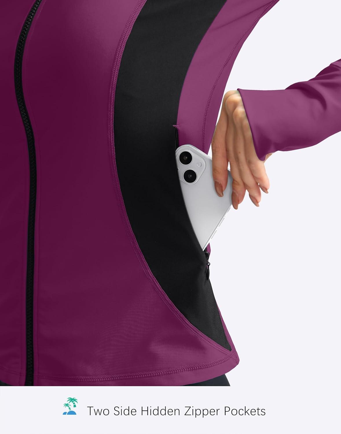 imageSANTINY Womens Rash Guard Zipper Pockets UPF50 Sun Protection Long Sleeve Swimsuit Top Zip Front Swim Shirt for WomenFuchsia