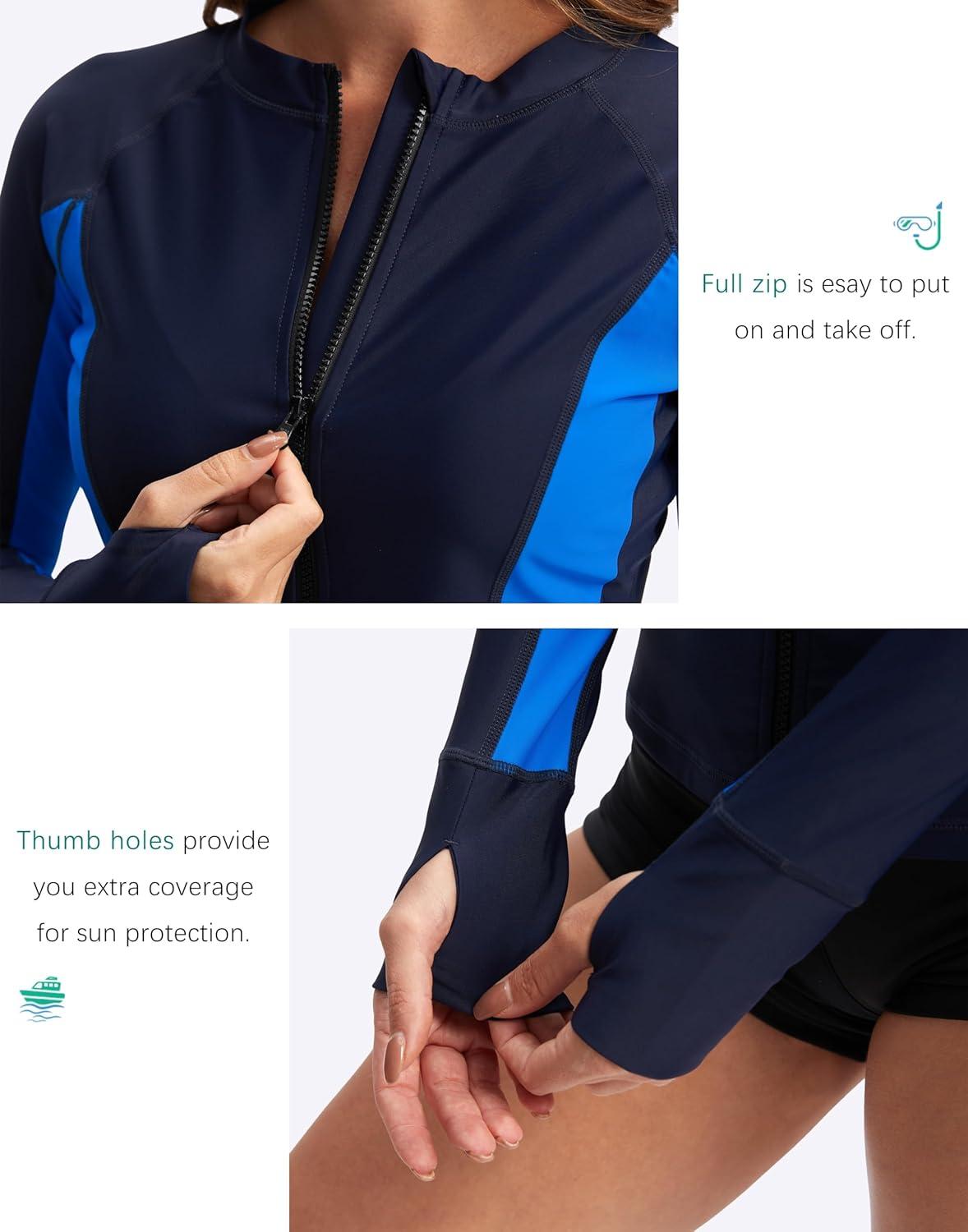 imageSANTINY Womens Rash Guard Zipper Pockets UPF50 Sun Protection Long Sleeve Swimsuit Top Zip Front Swim Shirt for WomenNavy Vivid Blue