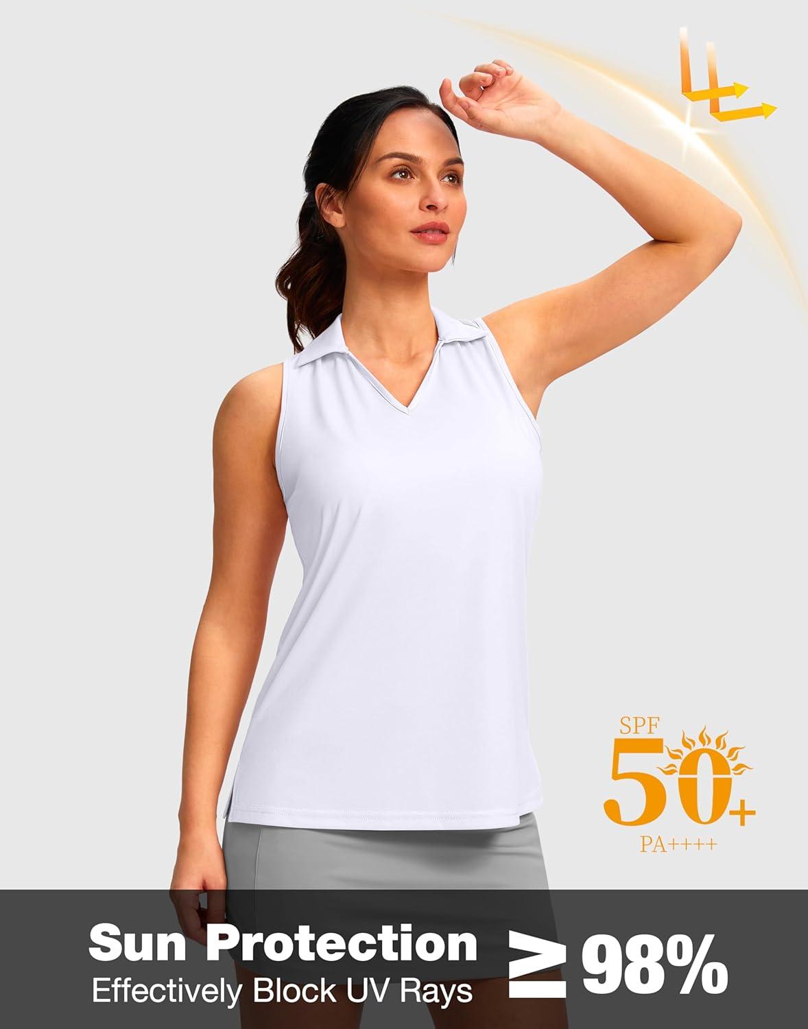imageSANTINY Womens Sleeveless Golf Shirt Racerback V Neck Tank Tops Quick Dry Tennis Collared Polo Shirts for WomenA White