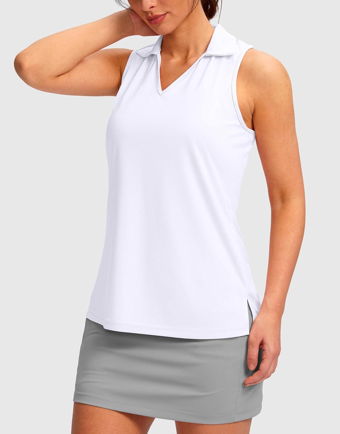 imageSANTINY Womens Sleeveless Golf Shirt Racerback V Neck Tank Tops Quick Dry Tennis Collared Polo Shirts for WomenA White