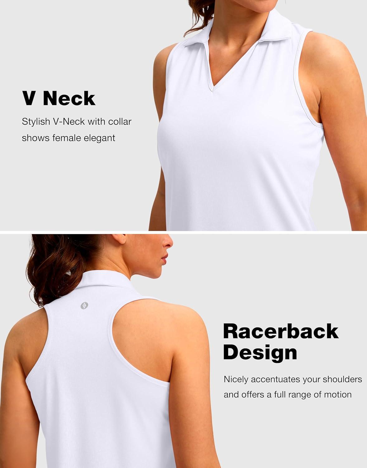 imageSANTINY Womens Sleeveless Golf Shirt Racerback V Neck Tank Tops Quick Dry Tennis Collared Polo Shirts for WomenA White