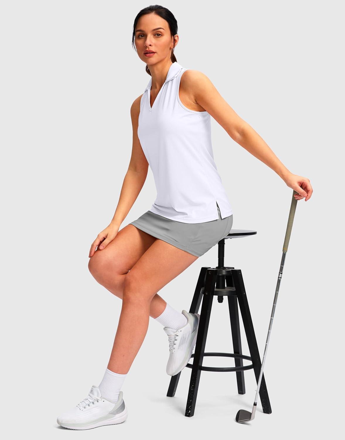 imageSANTINY Womens Sleeveless Golf Shirt Racerback V Neck Tank Tops Quick Dry Tennis Collared Polo Shirts for WomenA White