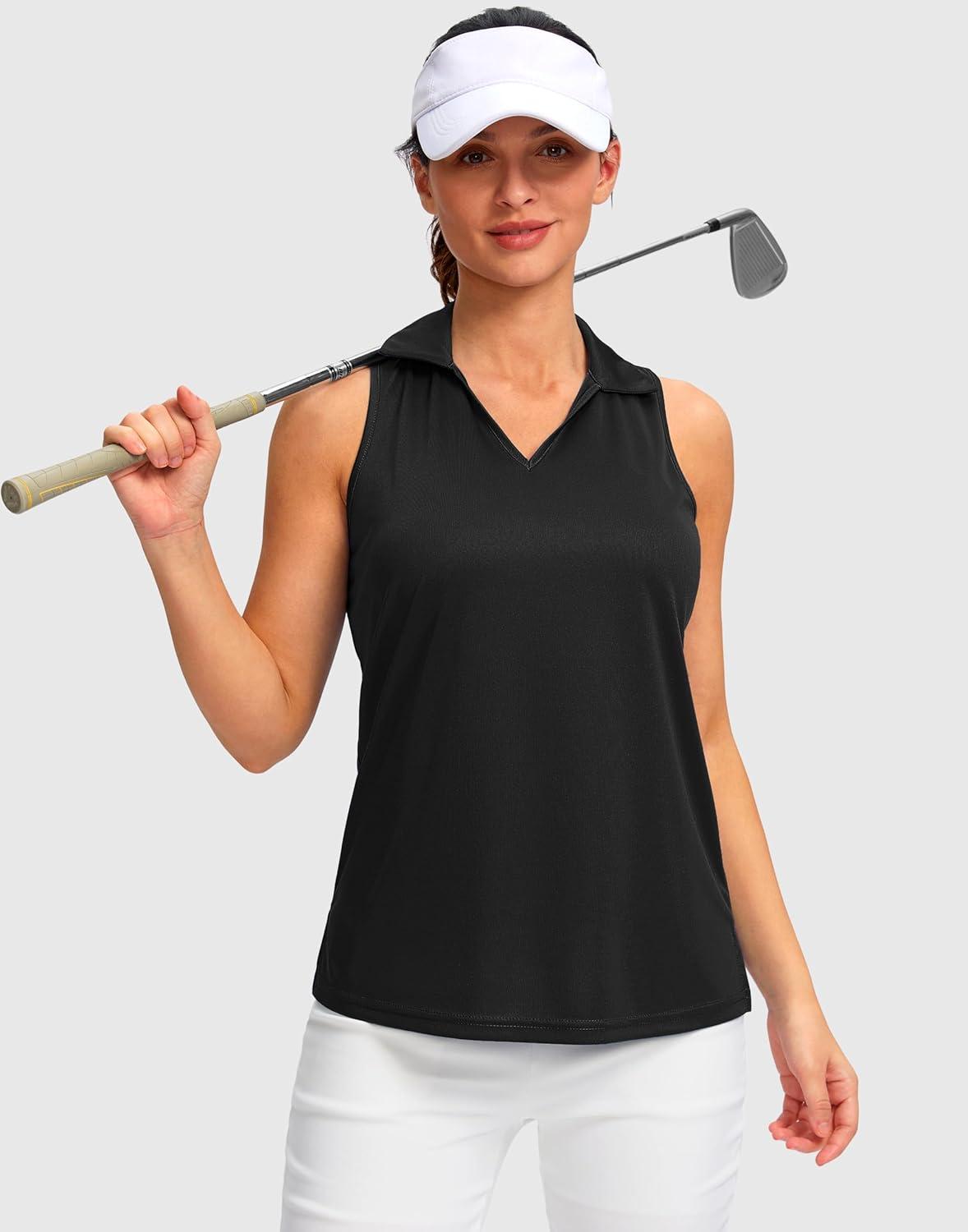 imageSANTINY Womens Sleeveless Golf Shirt Racerback V Neck Tank Tops Quick Dry Tennis Collared Polo Shirts for WomenBlack