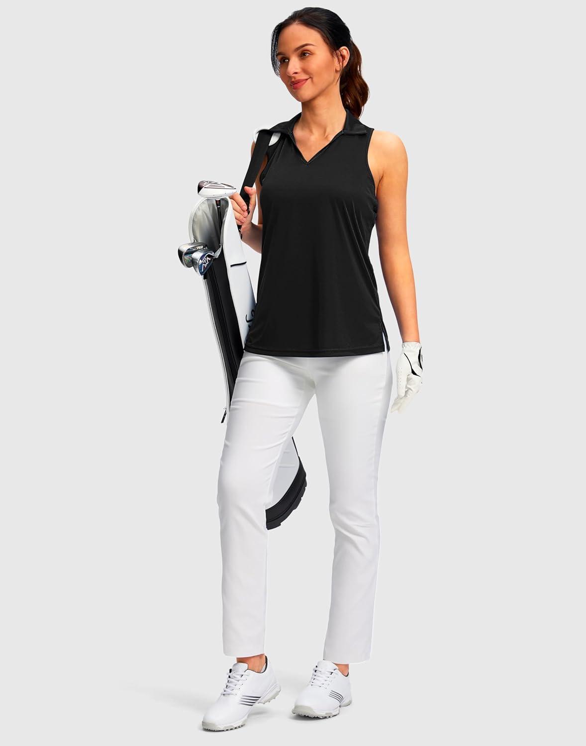 imageSANTINY Womens Sleeveless Golf Shirt Racerback V Neck Tank Tops Quick Dry Tennis Collared Polo Shirts for WomenBlack