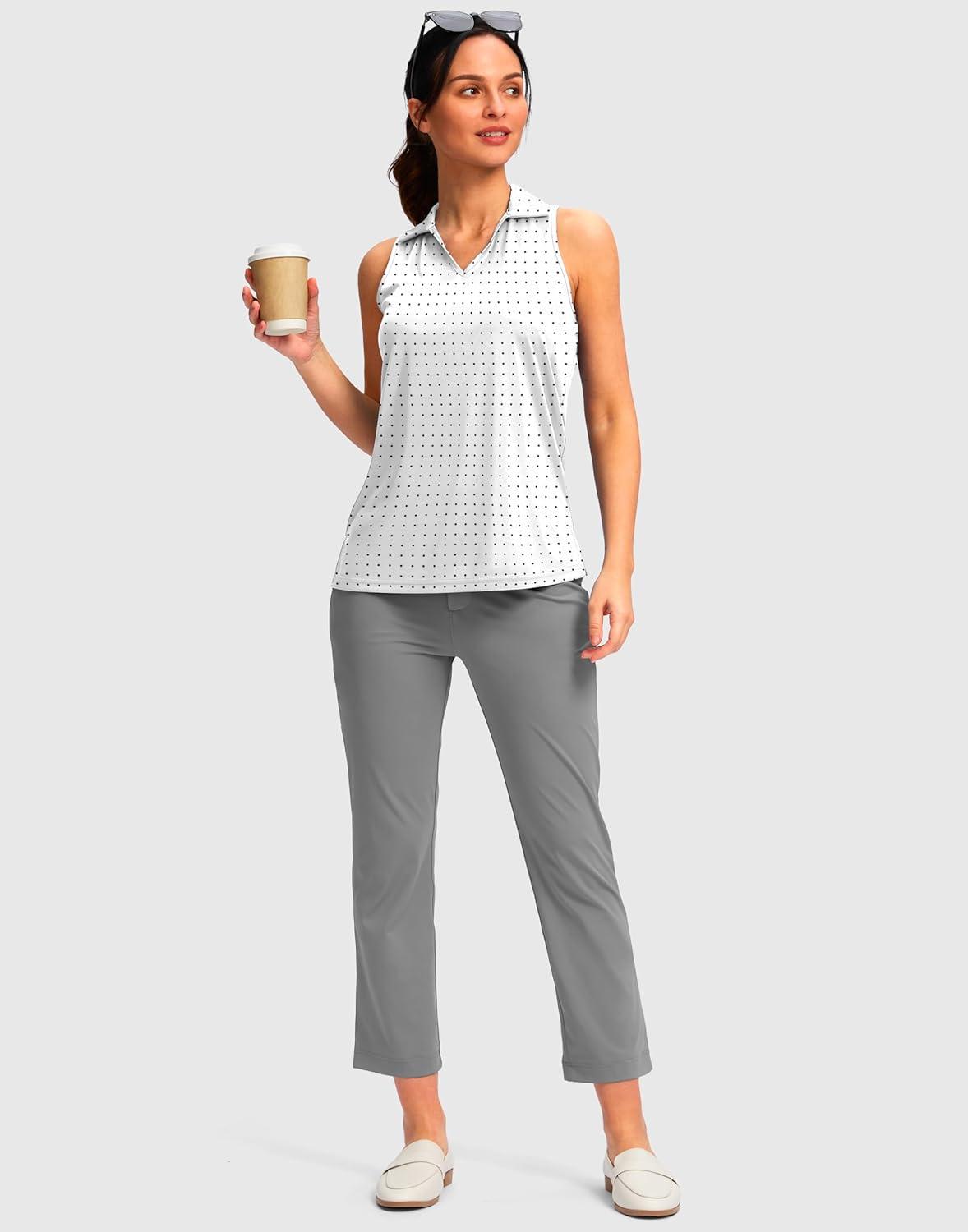 imageSANTINY Womens Sleeveless Golf Shirt Racerback V Neck Tank Tops Quick Dry Tennis Collared Polo Shirts for WomenBlack Dot