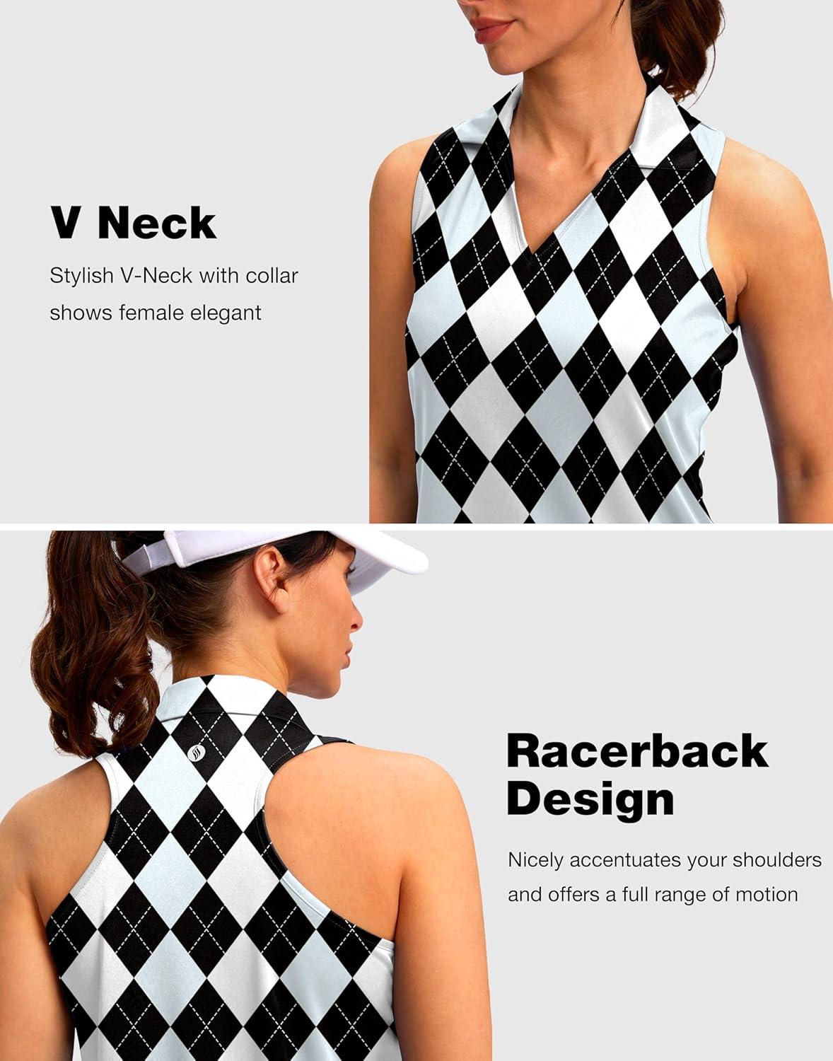 imageSANTINY Womens Sleeveless Golf Shirt Racerback V Neck Tank Tops Quick Dry Tennis Collared Polo Shirts for WomenBlak Blue Argyle
