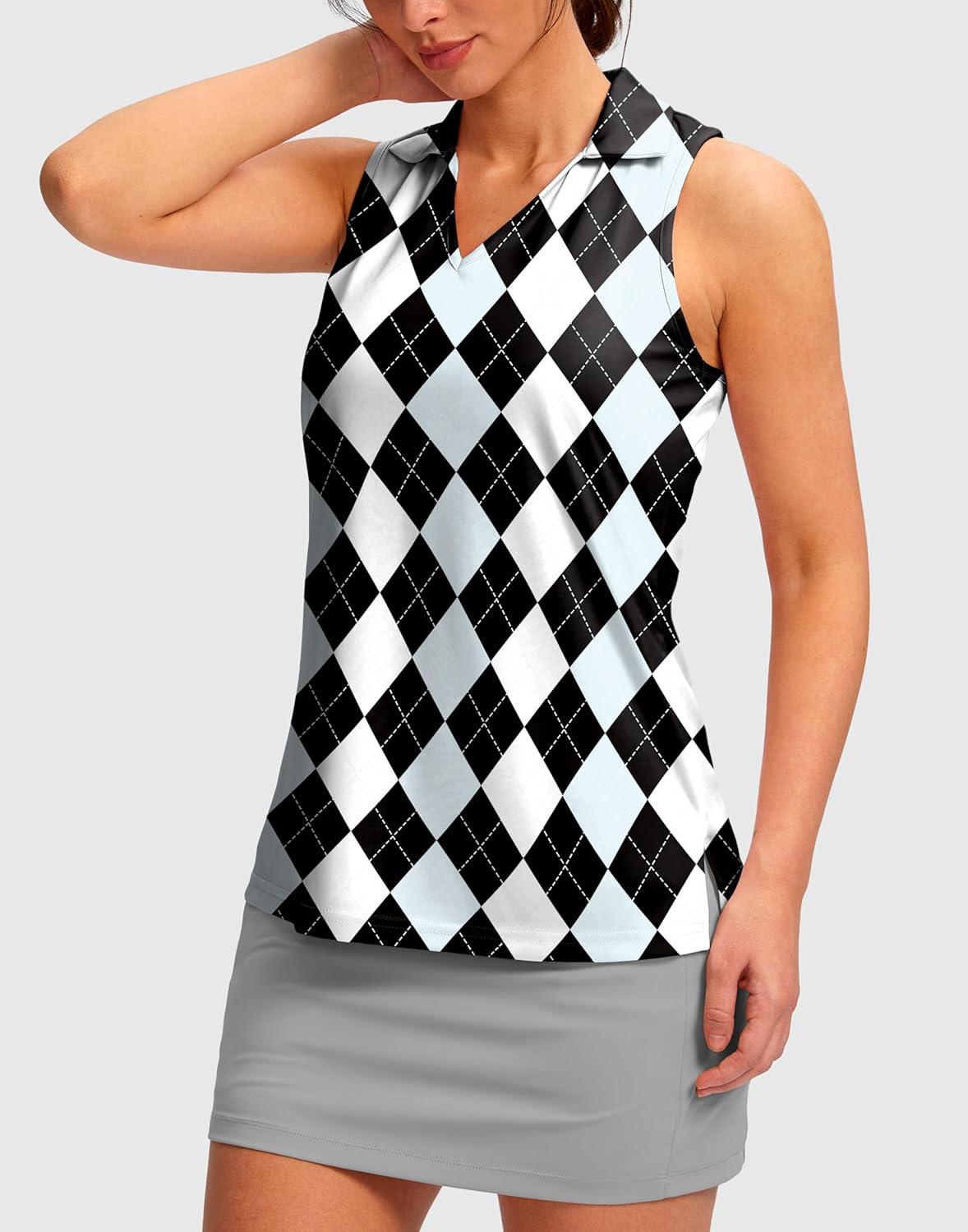imageSANTINY Womens Sleeveless Golf Shirt Racerback V Neck Tank Tops Quick Dry Tennis Collared Polo Shirts for WomenBlak Blue Argyle