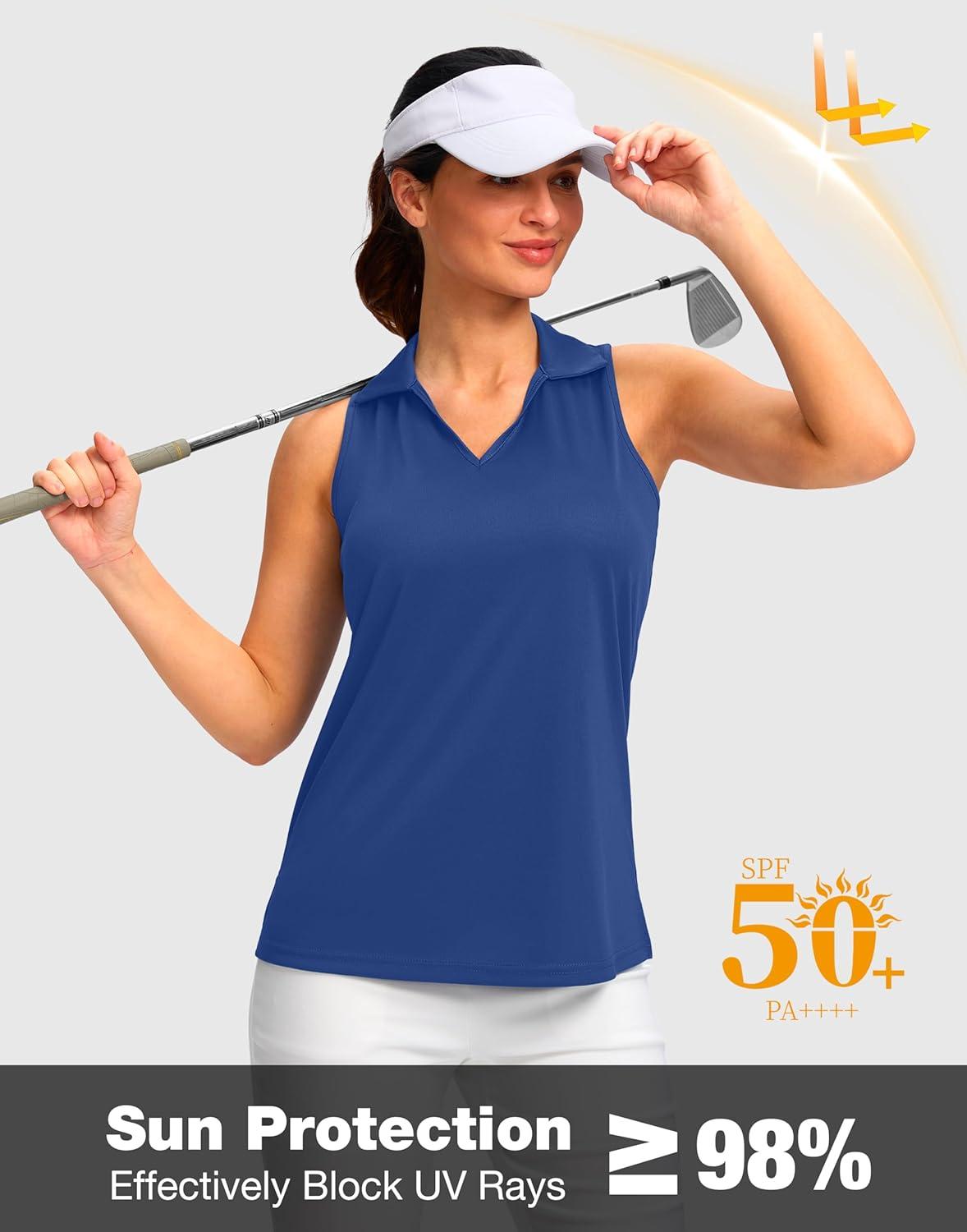 imageSANTINY Womens Sleeveless Golf Shirt Racerback V Neck Tank Tops Quick Dry Tennis Collared Polo Shirts for WomenBlue