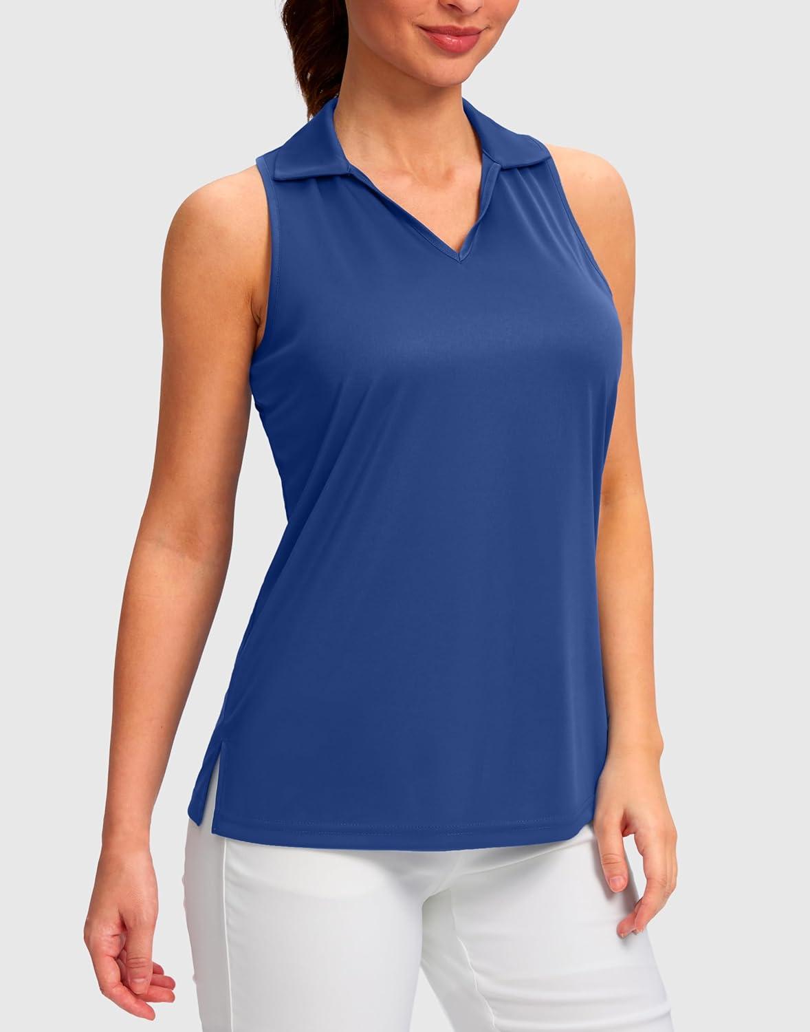 imageSANTINY Womens Sleeveless Golf Shirt Racerback V Neck Tank Tops Quick Dry Tennis Collared Polo Shirts for WomenBlue