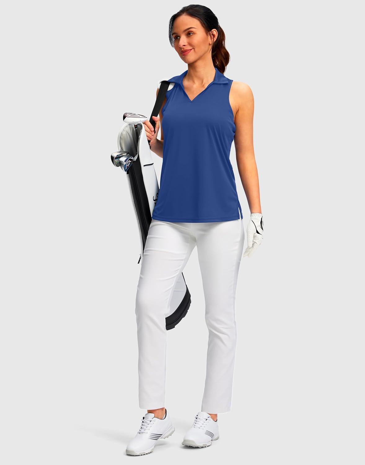 imageSANTINY Womens Sleeveless Golf Shirt Racerback V Neck Tank Tops Quick Dry Tennis Collared Polo Shirts for WomenBlue