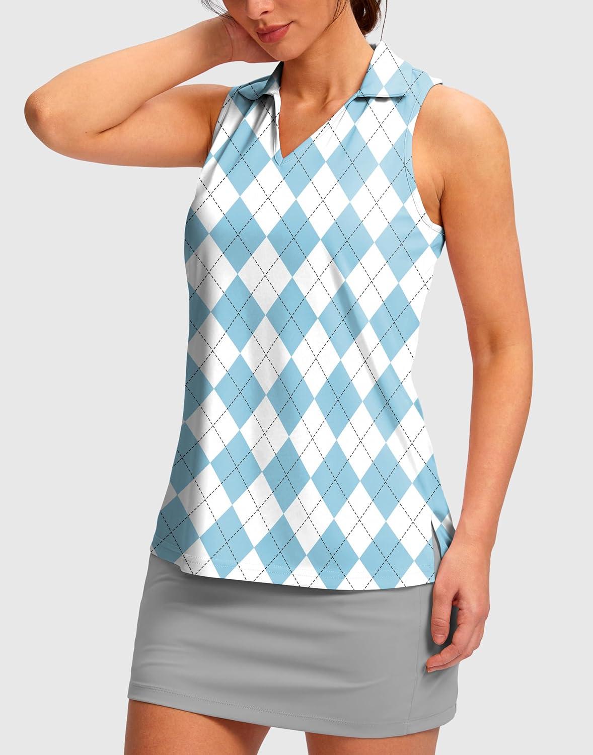 imageSANTINY Womens Sleeveless Golf Shirt Racerback V Neck Tank Tops Quick Dry Tennis Collared Polo Shirts for WomenBlue Plaid