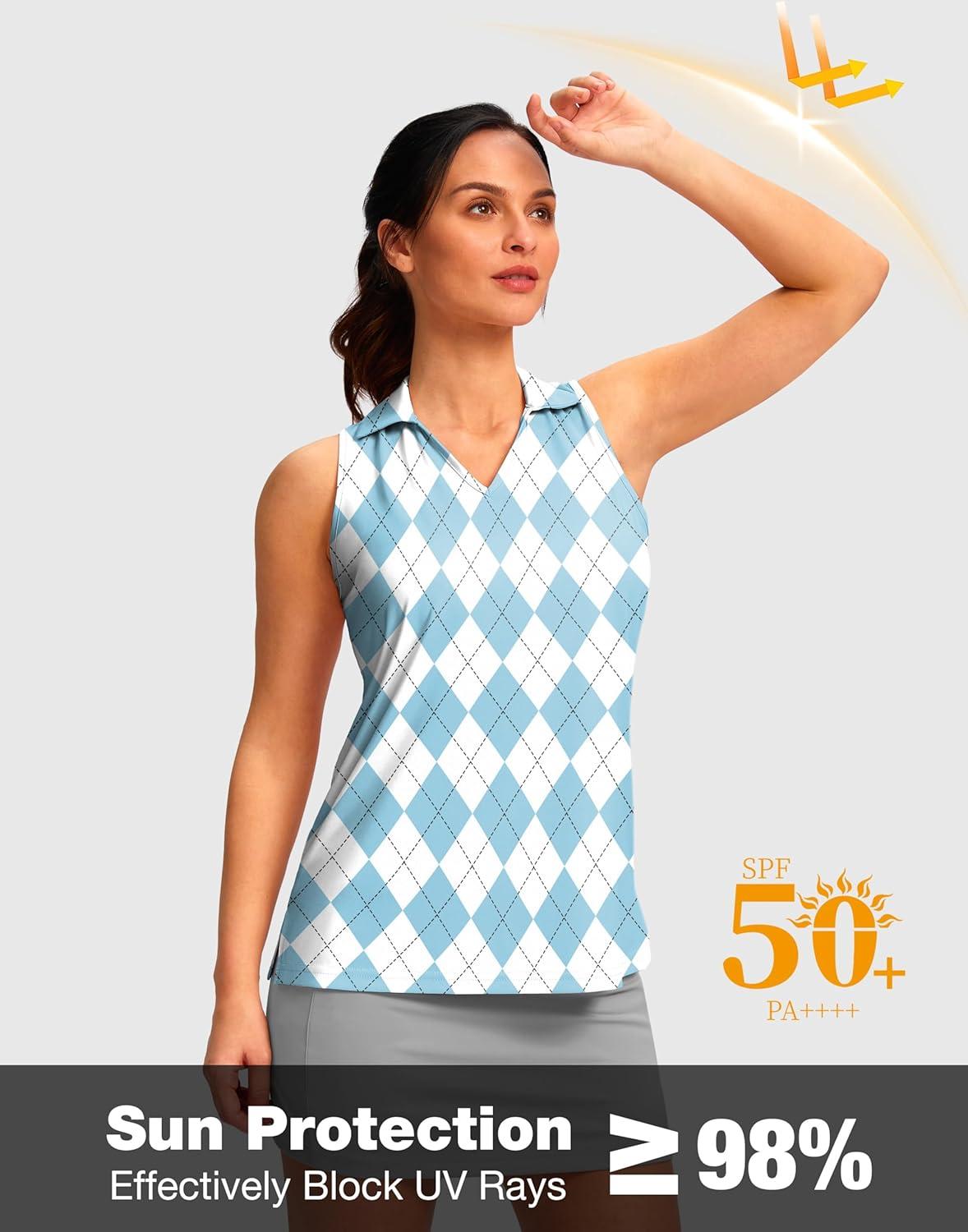 imageSANTINY Womens Sleeveless Golf Shirt Racerback V Neck Tank Tops Quick Dry Tennis Collared Polo Shirts for WomenBlue Plaid