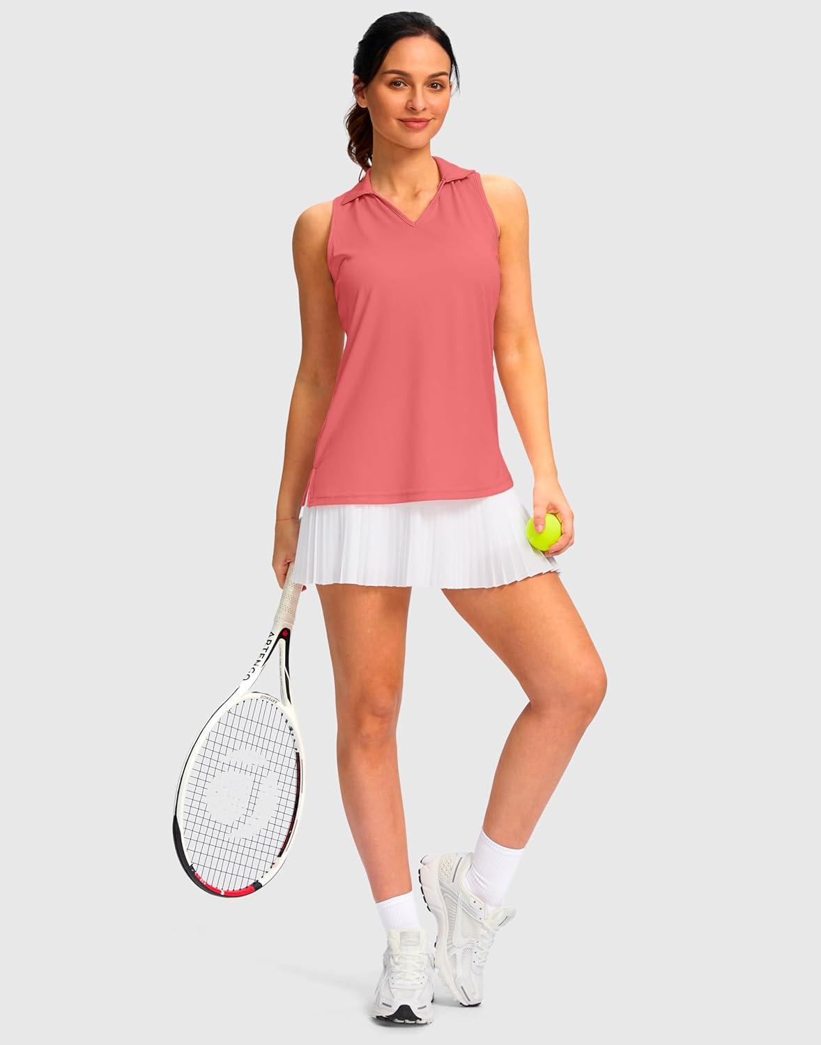 imageSANTINY Womens Sleeveless Golf Shirt Racerback V Neck Tank Tops Quick Dry Tennis Collared Polo Shirts for WomenCoral Pink