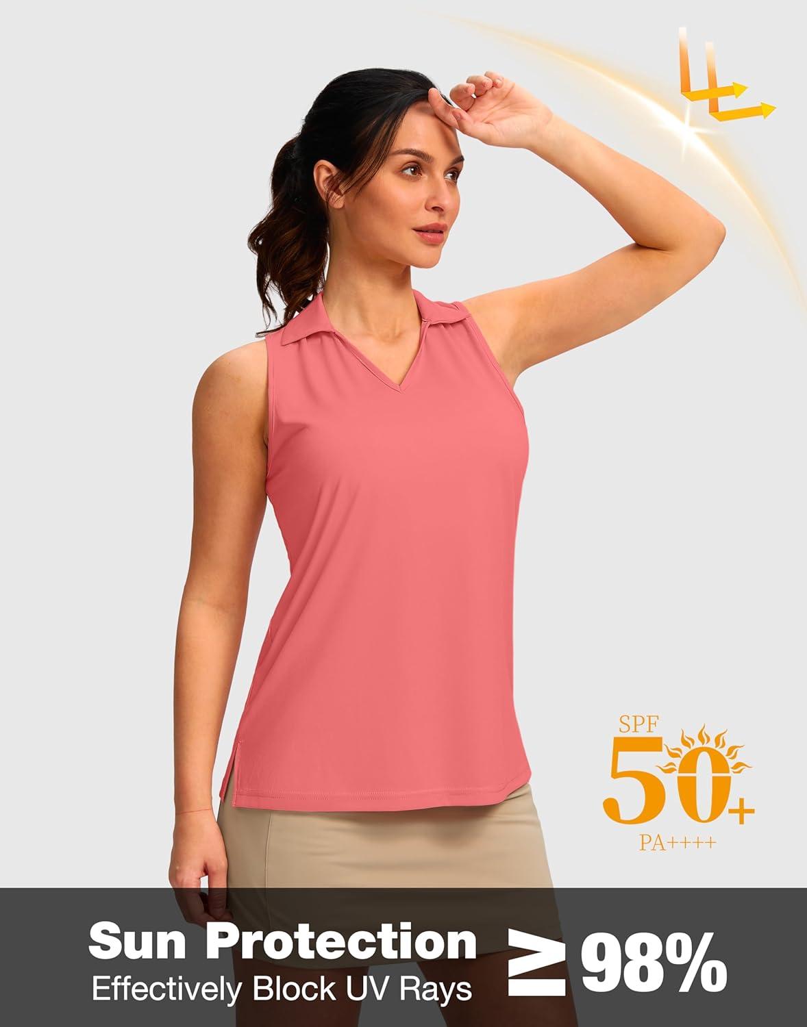 imageSANTINY Womens Sleeveless Golf Shirt Racerback V Neck Tank Tops Quick Dry Tennis Collared Polo Shirts for WomenCoral Pink