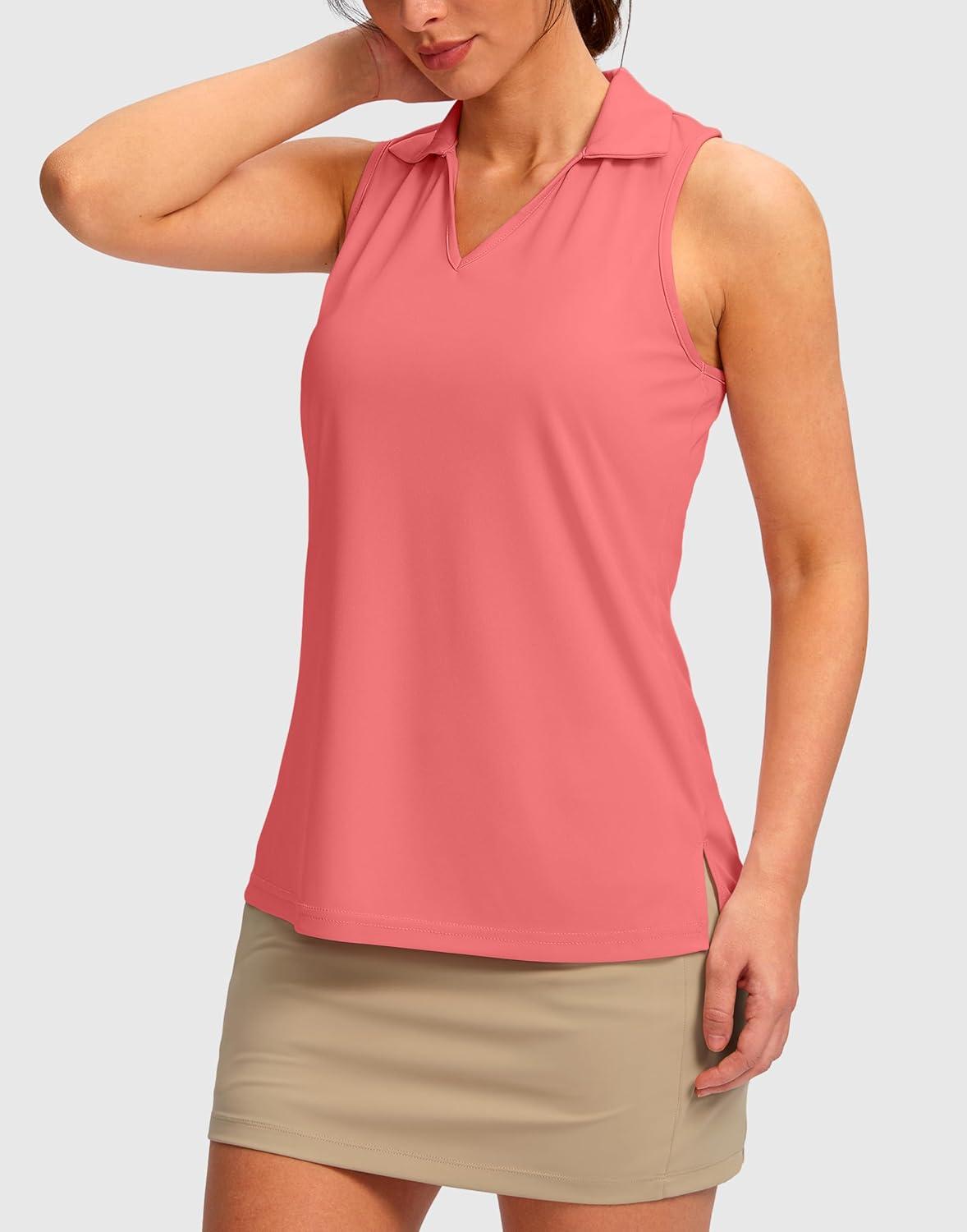 imageSANTINY Womens Sleeveless Golf Shirt Racerback V Neck Tank Tops Quick Dry Tennis Collared Polo Shirts for WomenCoral Pink