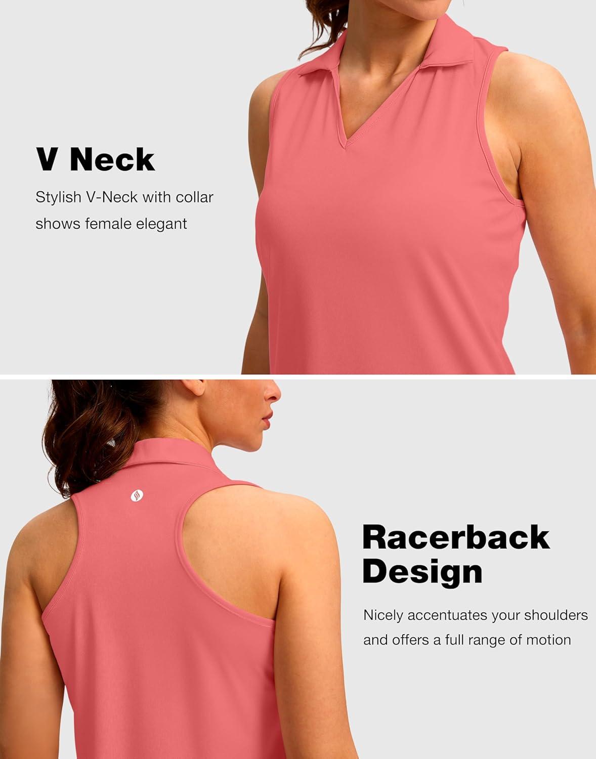 imageSANTINY Womens Sleeveless Golf Shirt Racerback V Neck Tank Tops Quick Dry Tennis Collared Polo Shirts for WomenCoral Pink